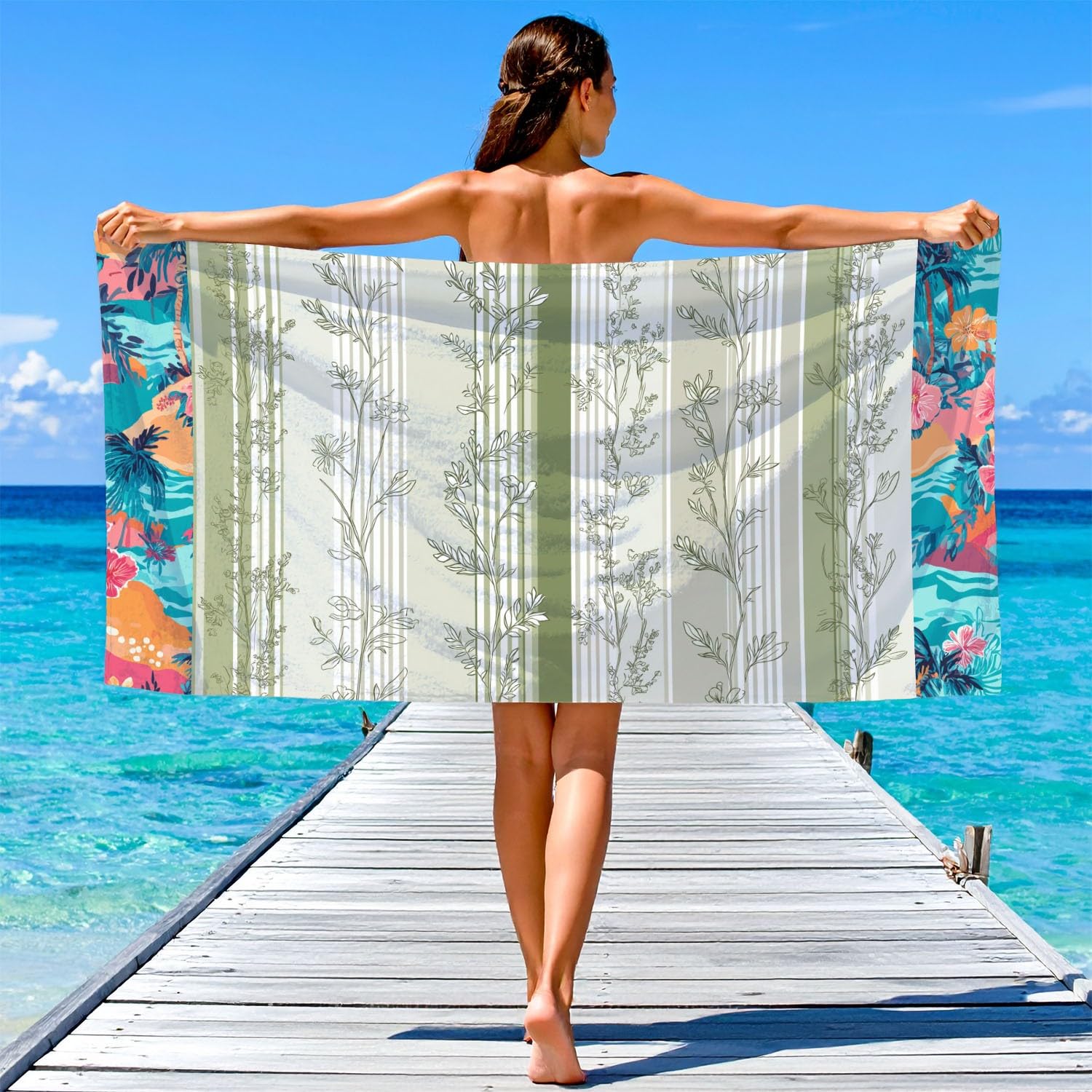 Générique Drap de Plage Anti Sable Sechage Rapide 200 cm x 100 cm Moderne Naturel Serviette de Plage Microfibre Raffiné Frais Élégant Calme Rayures Plantes Absorbante Super Couverture de Plage