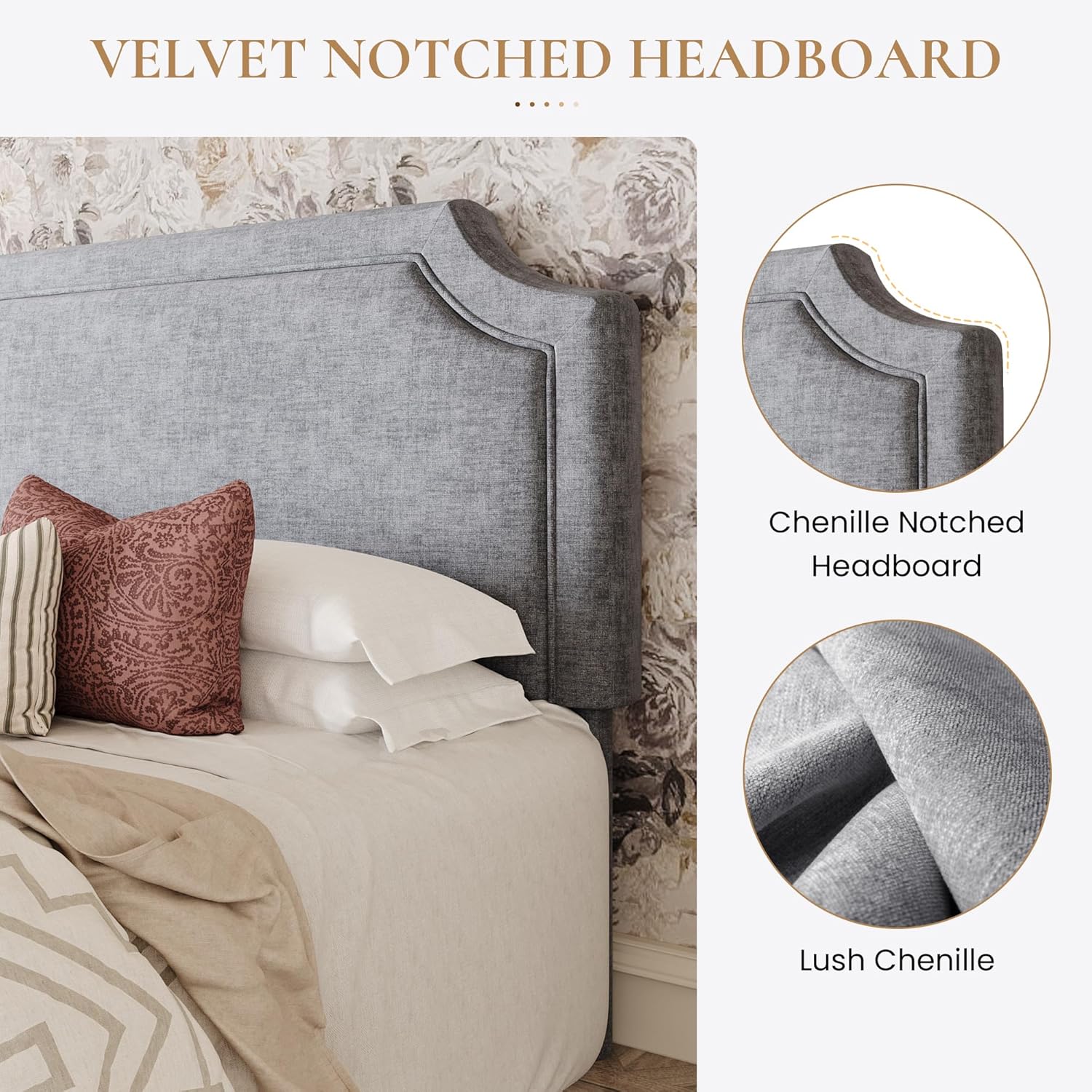 SHA CERLIN Queen Bed Frame Chenille Upholstered Platform Bed with Notched Adjustable Headboard, Wooden Slats Support, No Box Spring Needed,Easy Assembly, Soft Gray