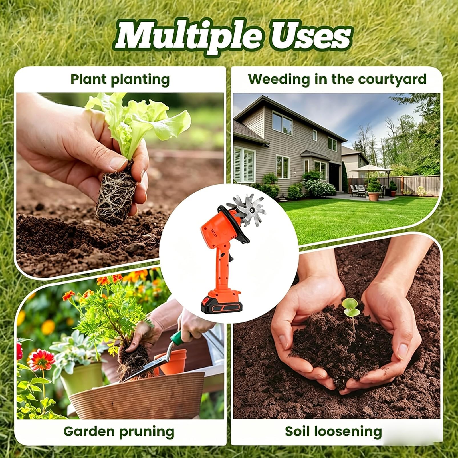 21V Cordless Mini Tiller, 4-Tine Garden Coltivatore | 235 giri/min, larghezza di 10 cm, doppia batteria da 1,5 Ah e design portatile pieghevole da 1,2 kg