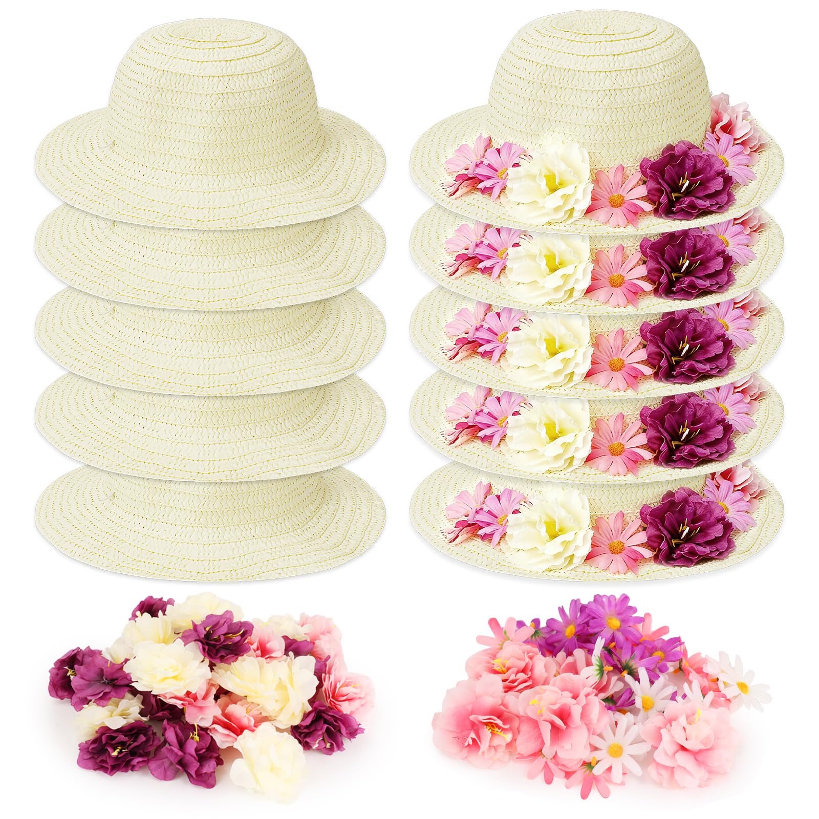 70Pcs DIY Cowboy Kids Hat Set with Flowers -10 Straw Hats, 60 Artificial Flowers for Tea Party Dress Up (Small (Age 2-5))