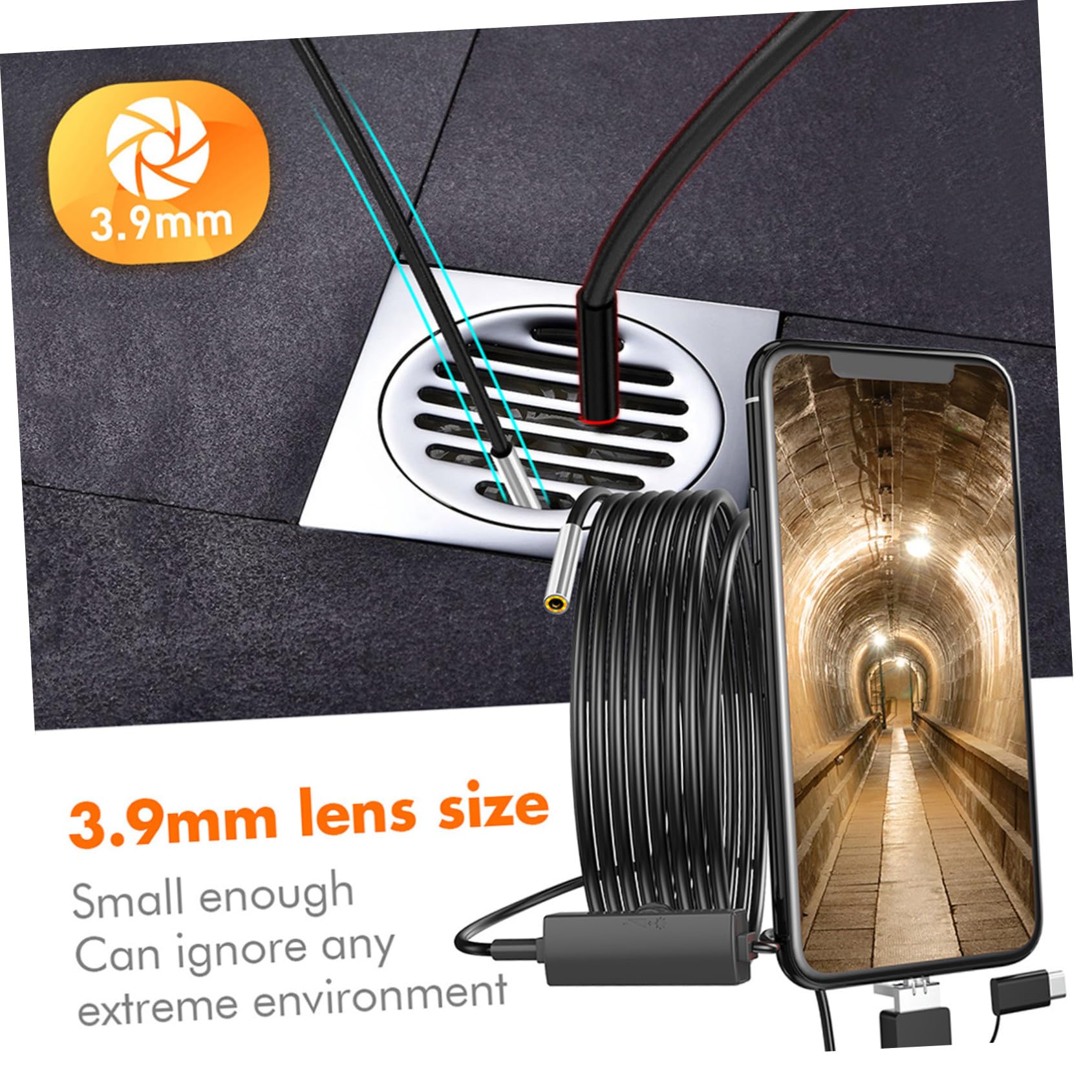 Telecamera Ispezione 720p 3.9mm Ultra Sottile Endoscopio Industriale Schermo HD e USB per PC e Telefono
