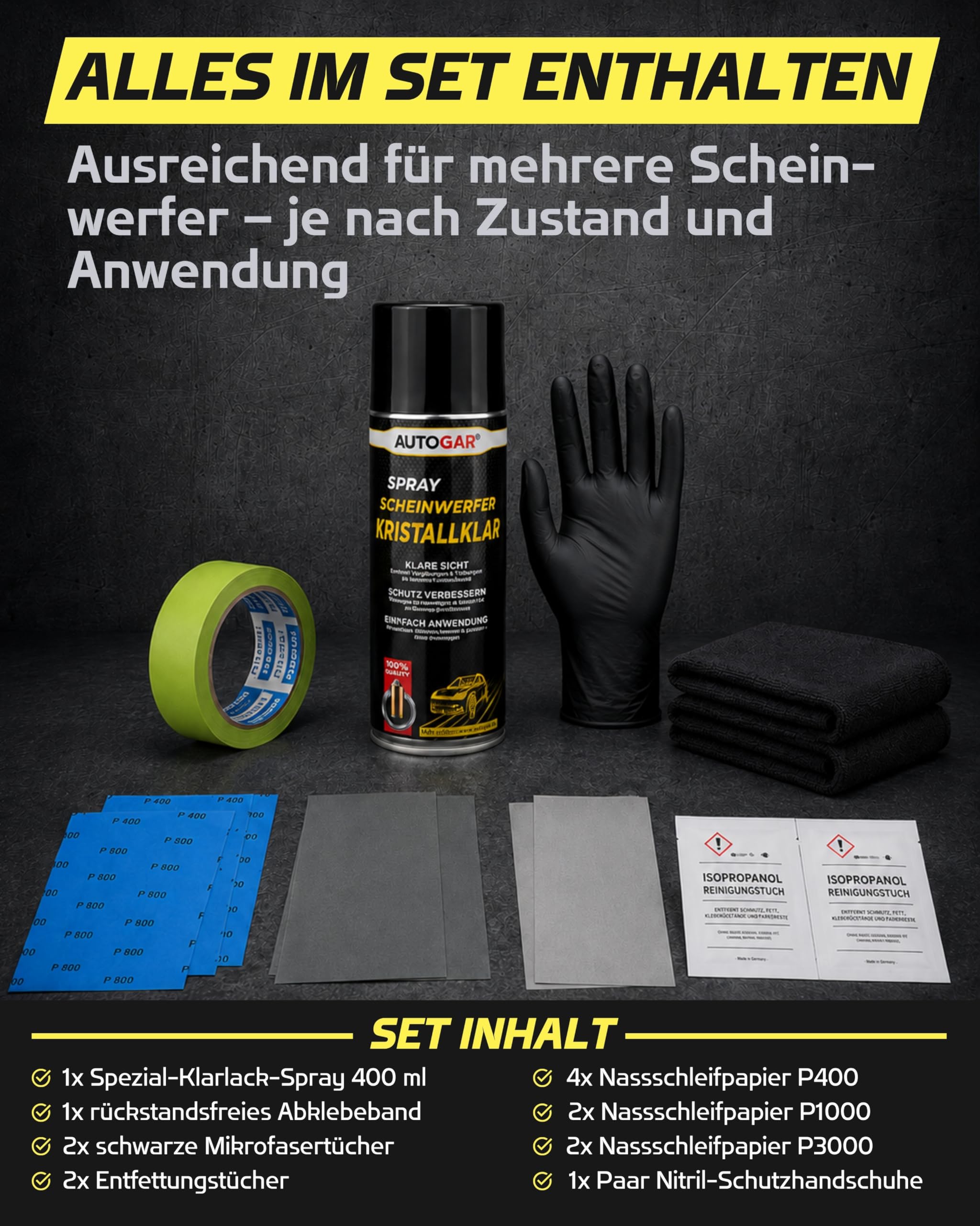 Headlight Restore Kit Pro I Scheinwerfer Aufbereitung Set ohne Maschine I DIY Komplettset mit Spezial-Klarlack-Spray I Nassschleifpapier & Zubehör für Kunststoffscheinwerfer