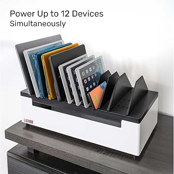 Line Leader 12-Device Open Charging Station | Compact Desktop Charger for Laptops, Tablets, Chromebooks | Space-Saving Design with Adjustable Dividers & UL Safety-Certified Power Strip
