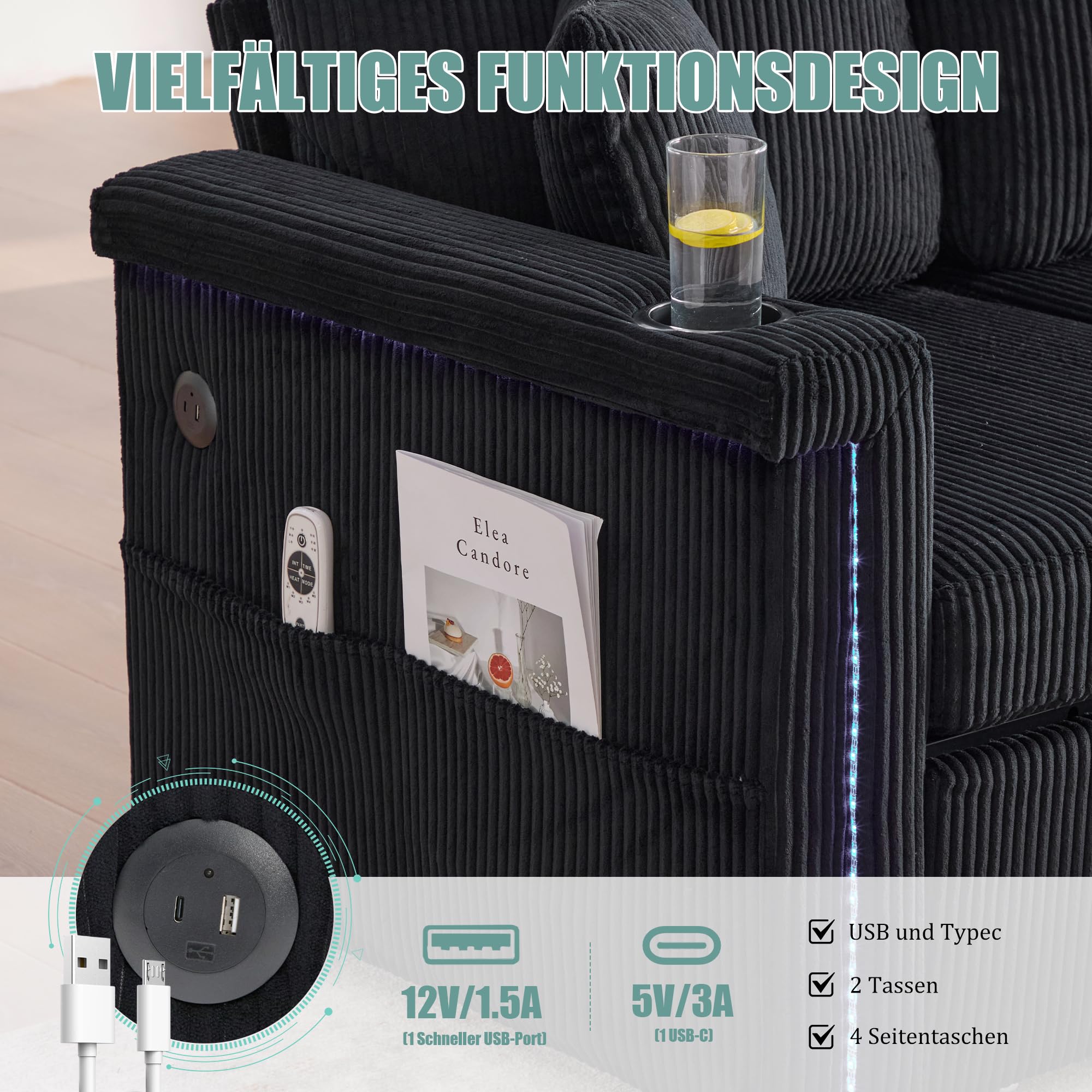 Modulares Ecksofa aus Cordstoff, Sofa mit Schlaffunktion, Couch mit LED-Beleuchtung & USB-C-Port, inklusive Stauraum-Fußteil, praktischen Getränkehaltern und Seitentaschen, Schwarz