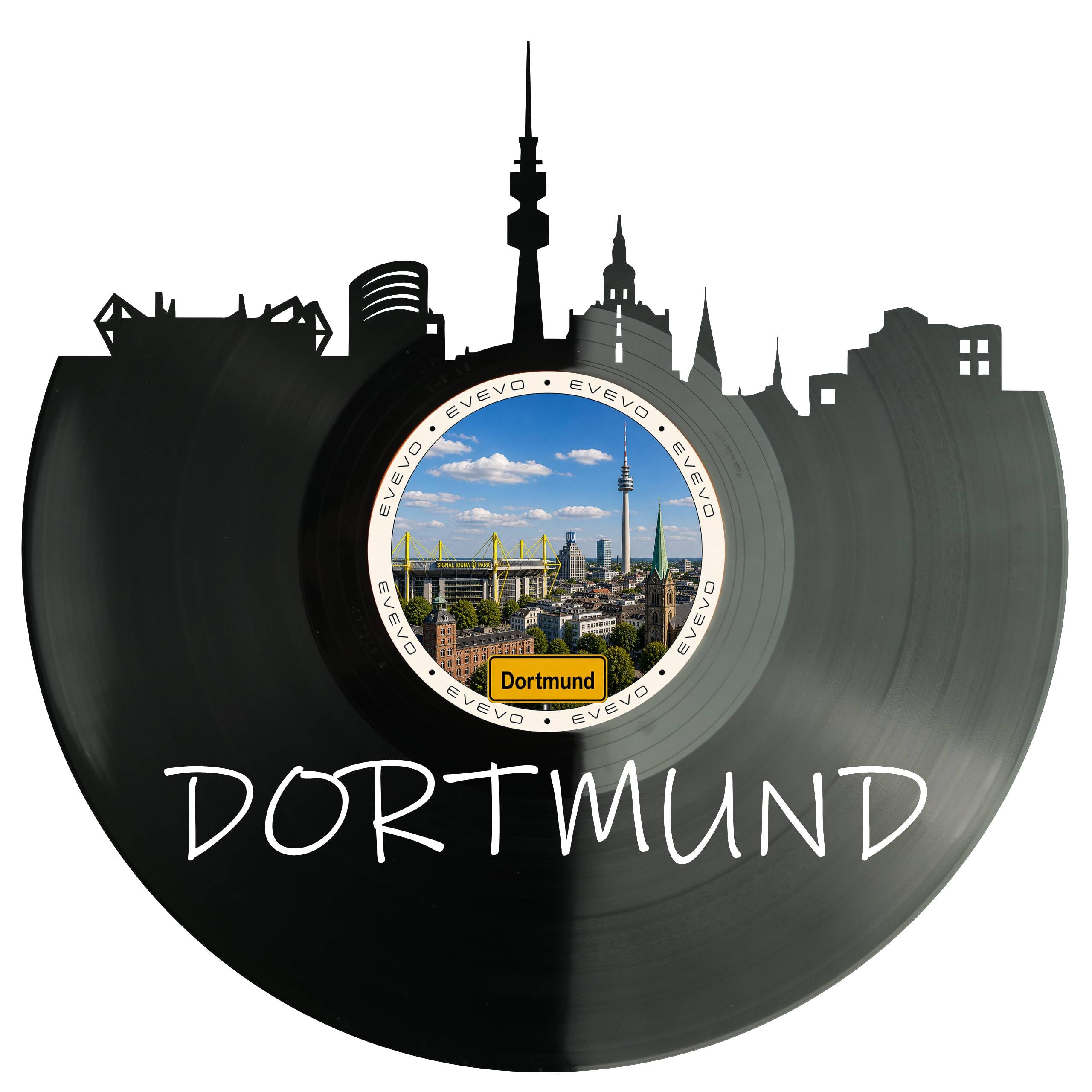 EVEVO Decorazione da parete a forma di disco di Dortmund, decorazione da parete in vinile, motivo skyline della Ruhr, regalo per gli appassionati di Dortmund U, D0057