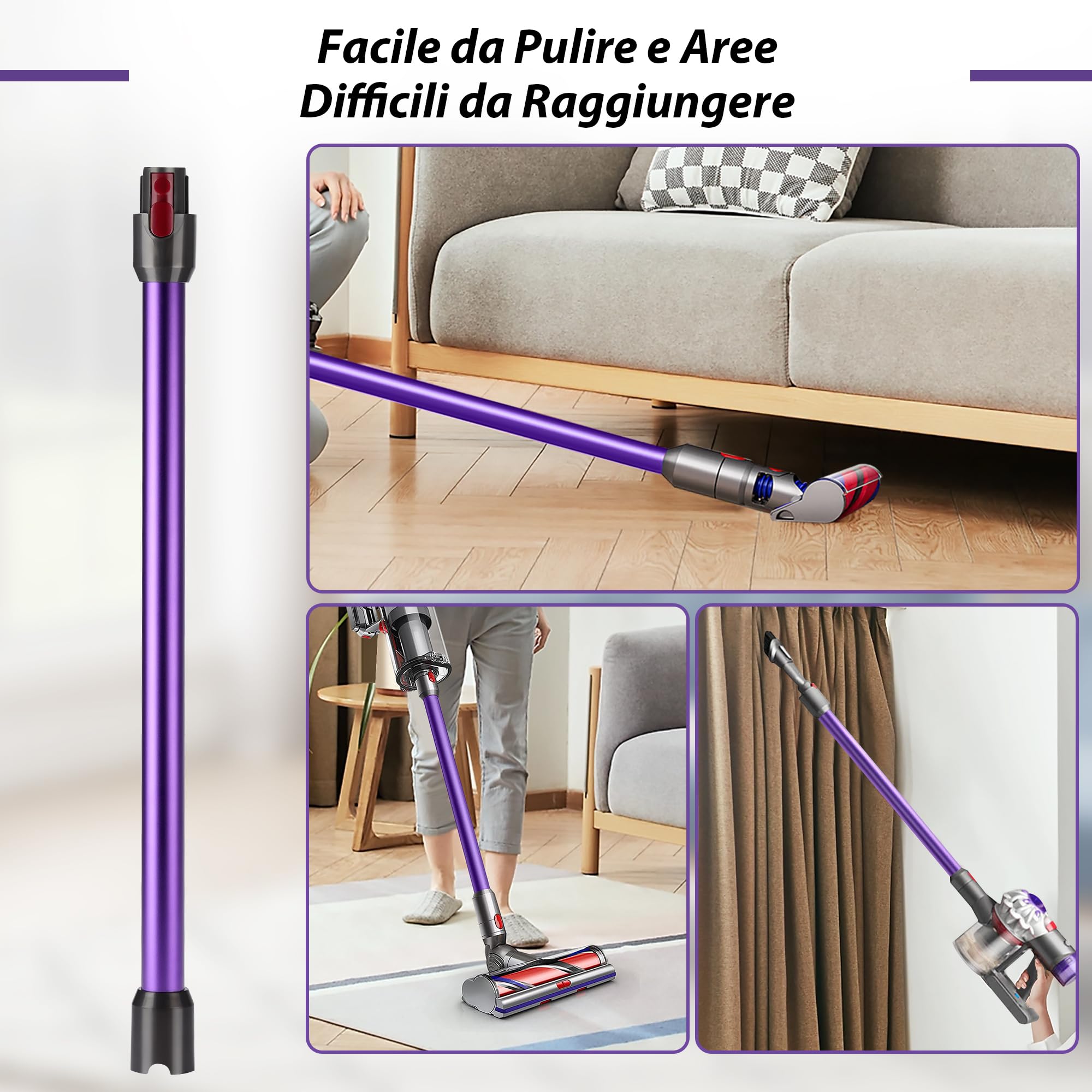 Tubo di Prolunga compatibile con Dyson V7 V8 V10 V11 V15, Tubo Telescopico Rigido, Asta di Estensione con Spazzole 2 in 1, Accessorio Aspirapolvere, Viola