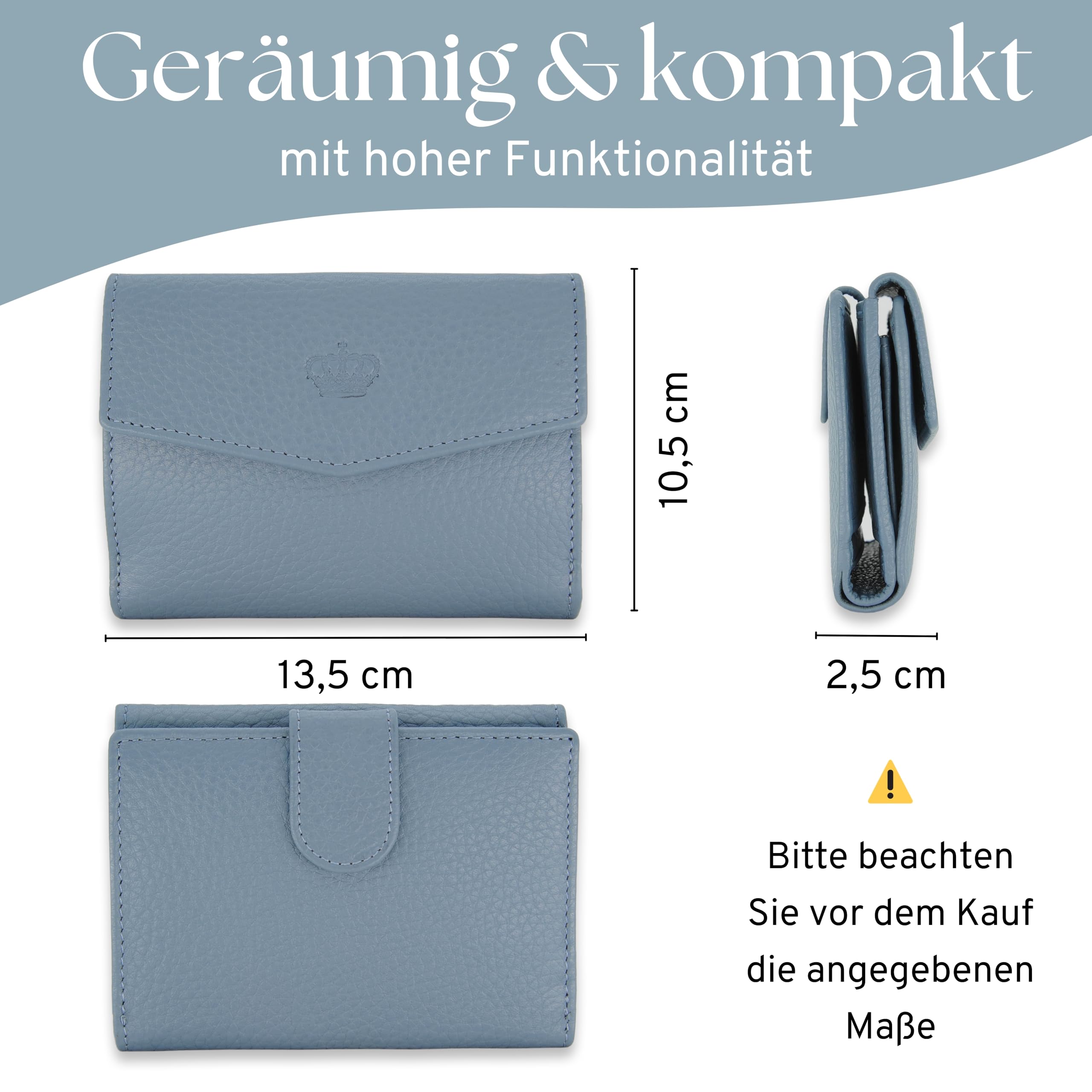 Baur - Damen Geldbörse aus echtem Leder mit RFID-Schutz (Tauben-Blau) | Kleines Portemonnaie, 6 Kartenfächer, Druckknopfverschluss, Münzfach mit Druckknopf, geprägtes Rindsleder