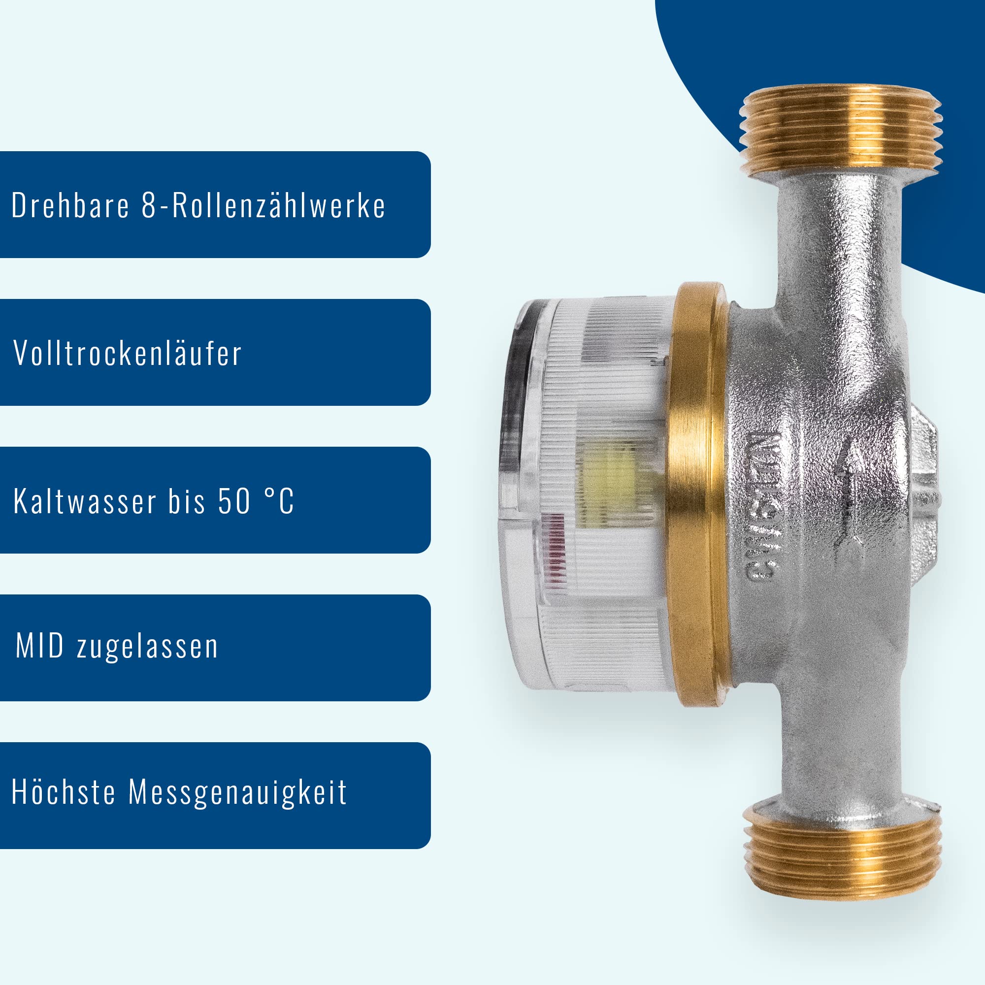 Wasserzähler für Kaltwasser, Wasseruhr 1/2 Zoll, Hauswasserzähler Aufputz 110 mm, geeicht & MID zugelassen 2023