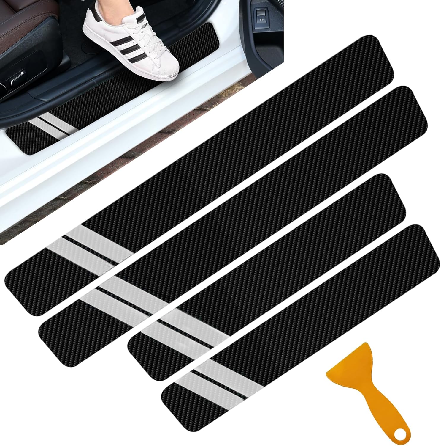 4Pcs Door Sill Protector, Edge Guards, Carbon Fiber Anti-Kick Pad Sticker, Threshold Cover Strips for Car Front and Rear Bumper (White) - Amazon product rated Grade A
