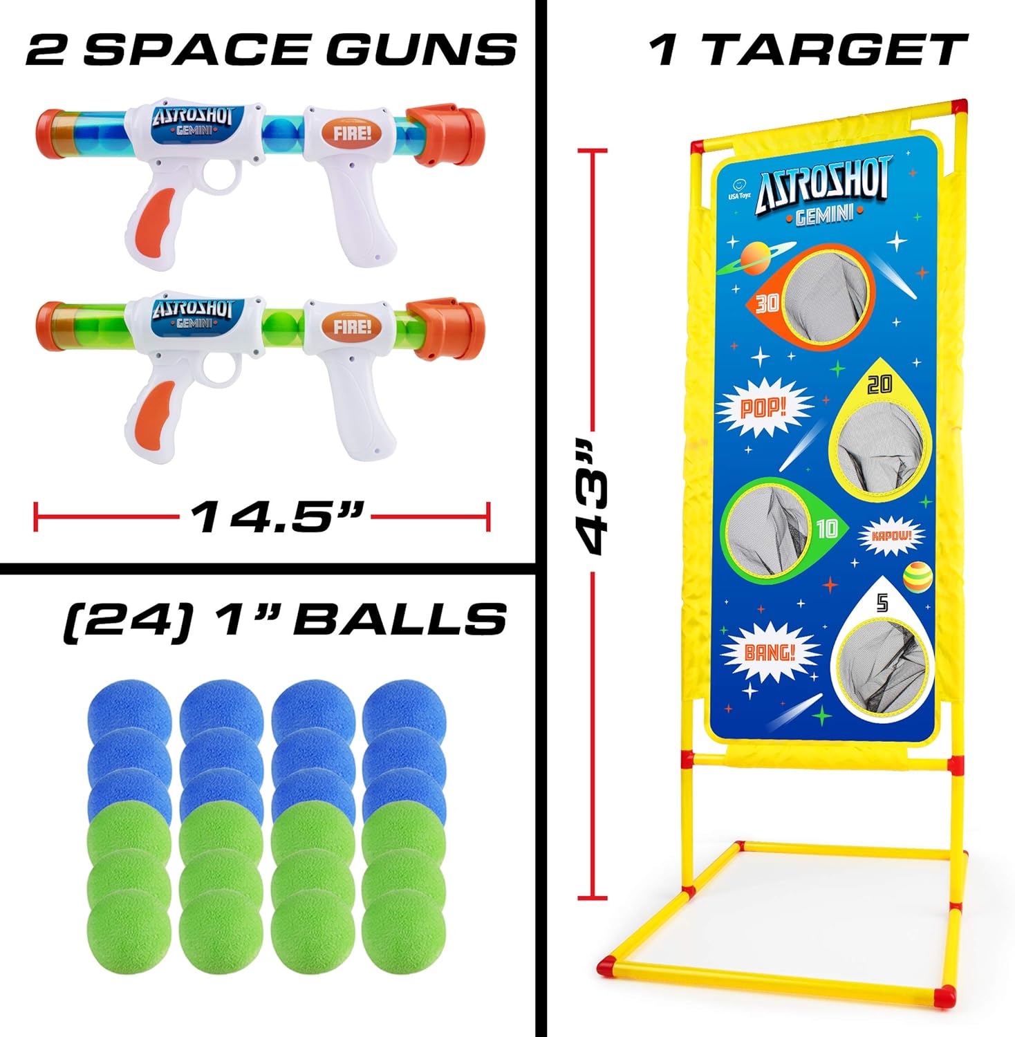 USA Toyz Astroshot Gemini Shooting Games for Kids - 2pk Soft Foam Ball Popper Toy Foam Blasters and Guns, 2-Player Toy Guns Set with Standing Shooting Target and 24 Soft Foam Balls : Toys & Games