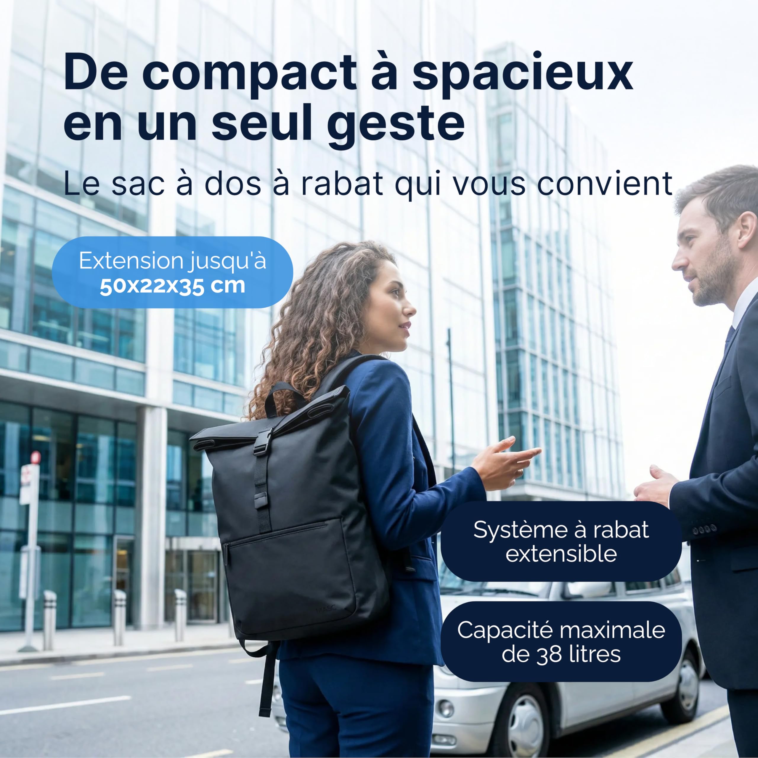 MASC Sac à dos Rolltop Business, sac à dos urbain élégant porte-PC 17 pouces, extensible et idéal pour les voyages, le bureau et l'université