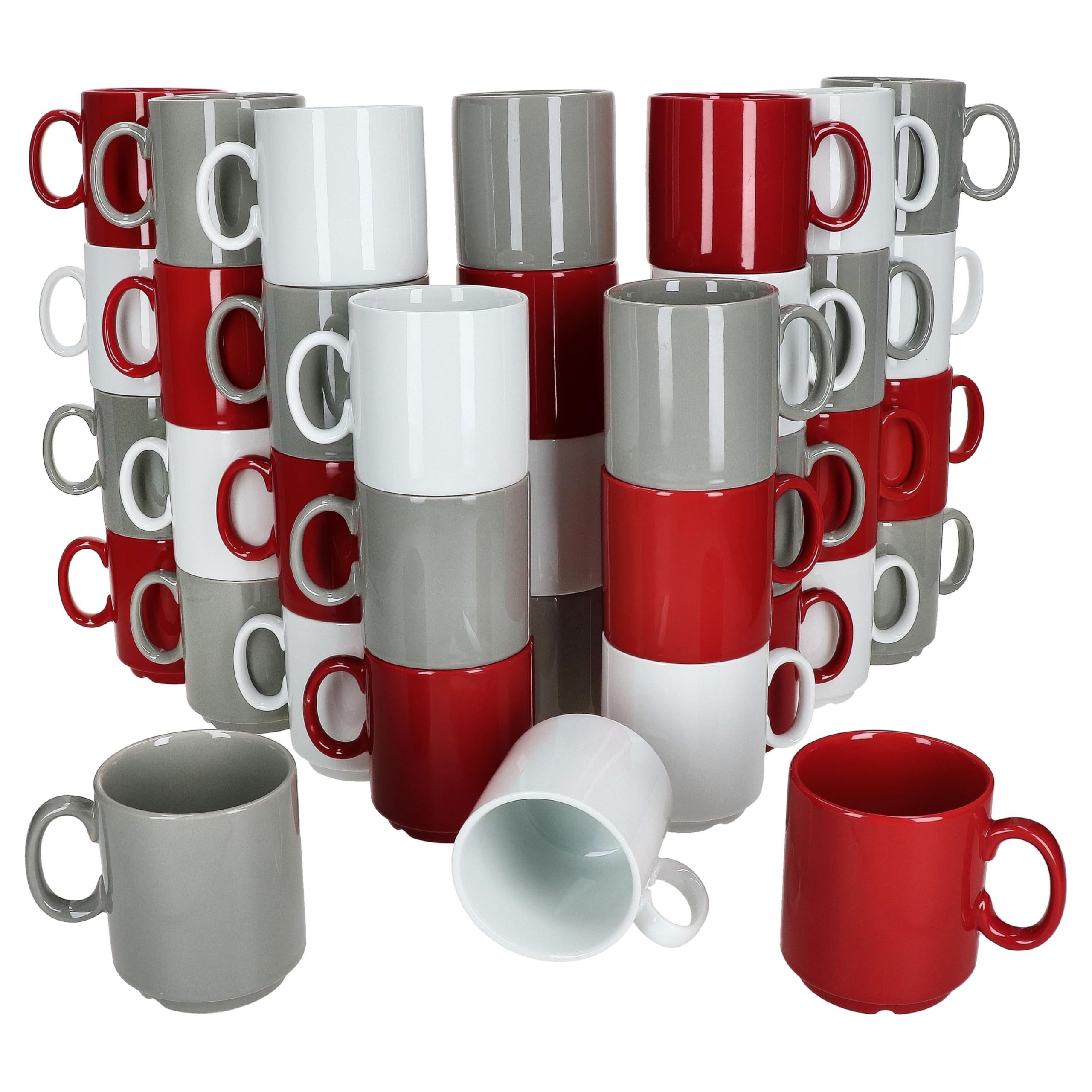 MamboCat Event Trio 36er Set Kaffeebecher I 250 ml I graue, rote & weiße Porzellan-Becher mit Henkel I 36 Personen I stapelbare Tassen für Tee, Kakao, Latte Macchiato & Co I Kaffee-Geschirr