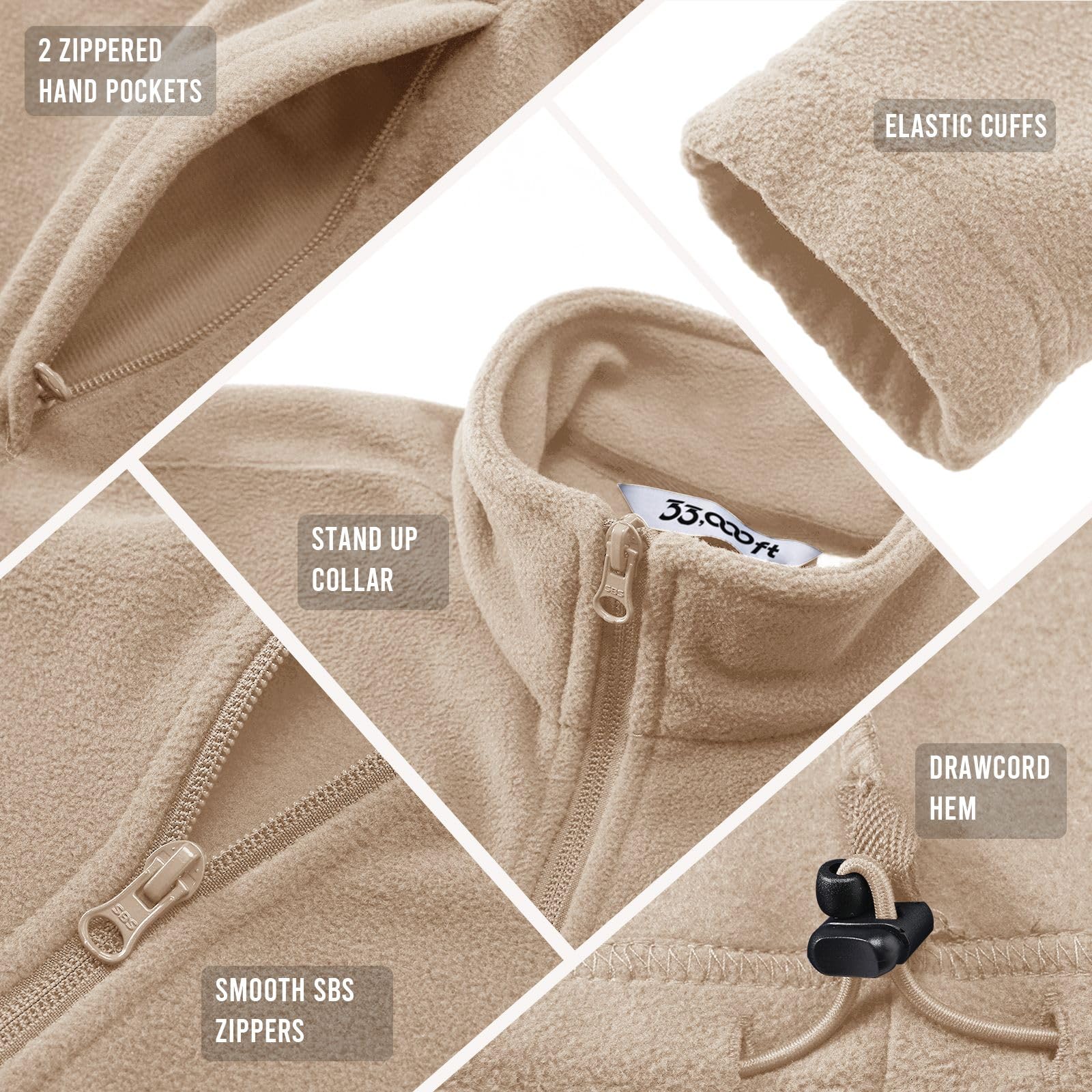33,000ft Veste polaire légère pour femme, Fermeture Éclair Intégrale, Veste Col montant sport, avec 4 grandes poches, randonnée, Sports de Plein air, Escalade, Trekking