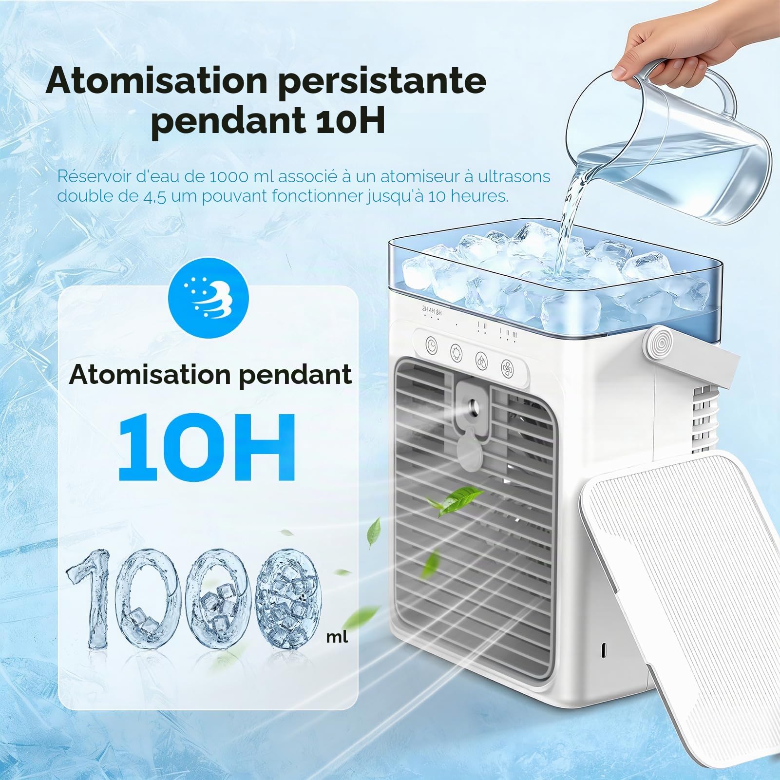 Climatiseur Portable, 3-en-1 Refroidisseur par Évaporation avec 3 Vitesses & 2 Modes Brumisation, 1000ml Mini Climatiseur, Ventilateur USB avec Lumière RGB & Minuterie pour Chambre Bureau Voiture
