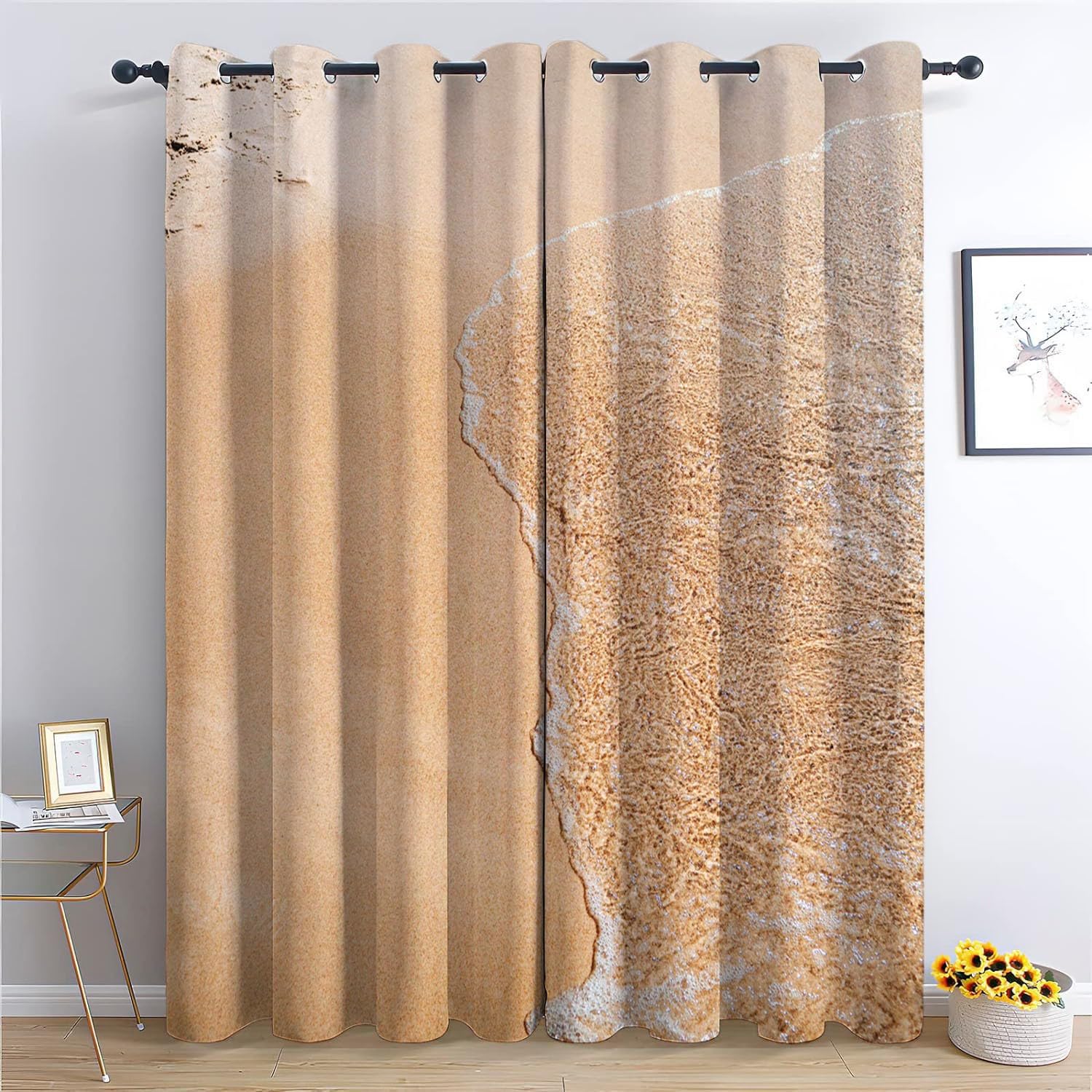 Bedroom Living Room Blackout Window Curtain 92x54 inch(WxH), Beach Waves Pattern Curtains Bring Grommet - Thermal Insulated Polyester Anti-Fade, Brown Curtain for Children's Room