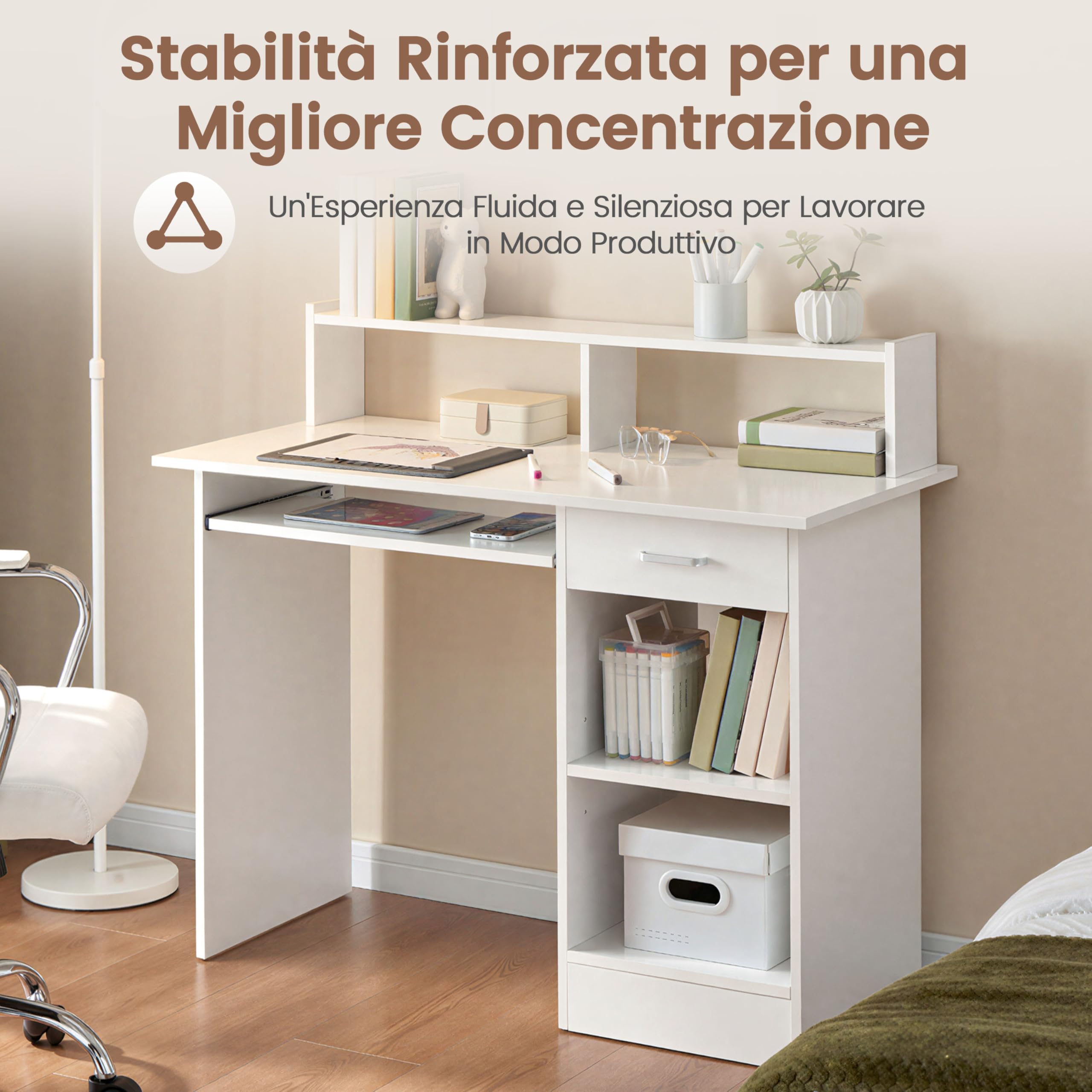 Yaheetech Scrivania per Computer Bianco Tavolo per PC da Studio con Cassetto Scrittoio con Libreria da Ufficio Salvaspazio Cameretta 106 x 50 x 94 cm