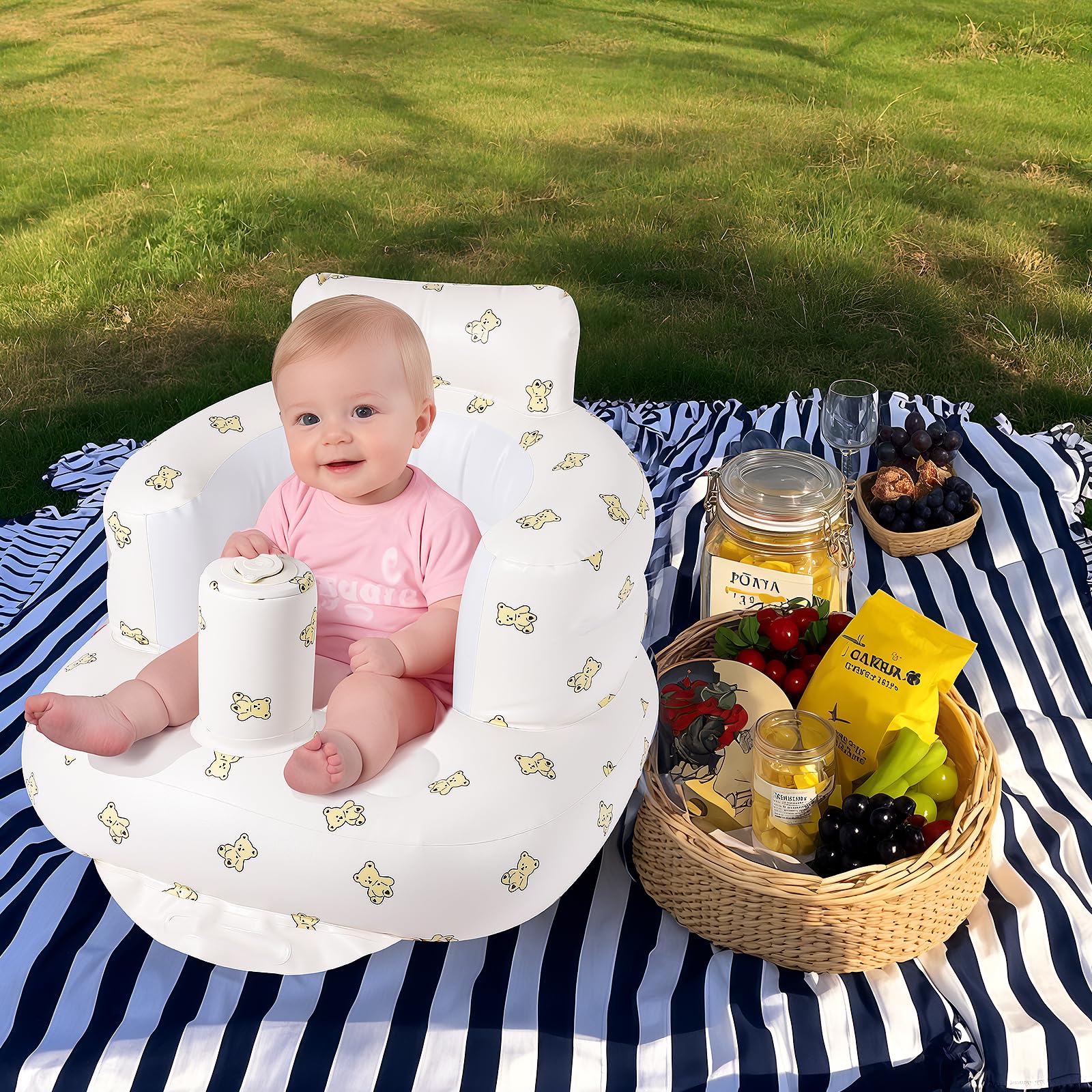 Momsnug Blow Up Seat for Baby, Inflatable Baby Chair 3 Months & Up, Chair for Babies Sitting Up with Built in Pump (Bear)