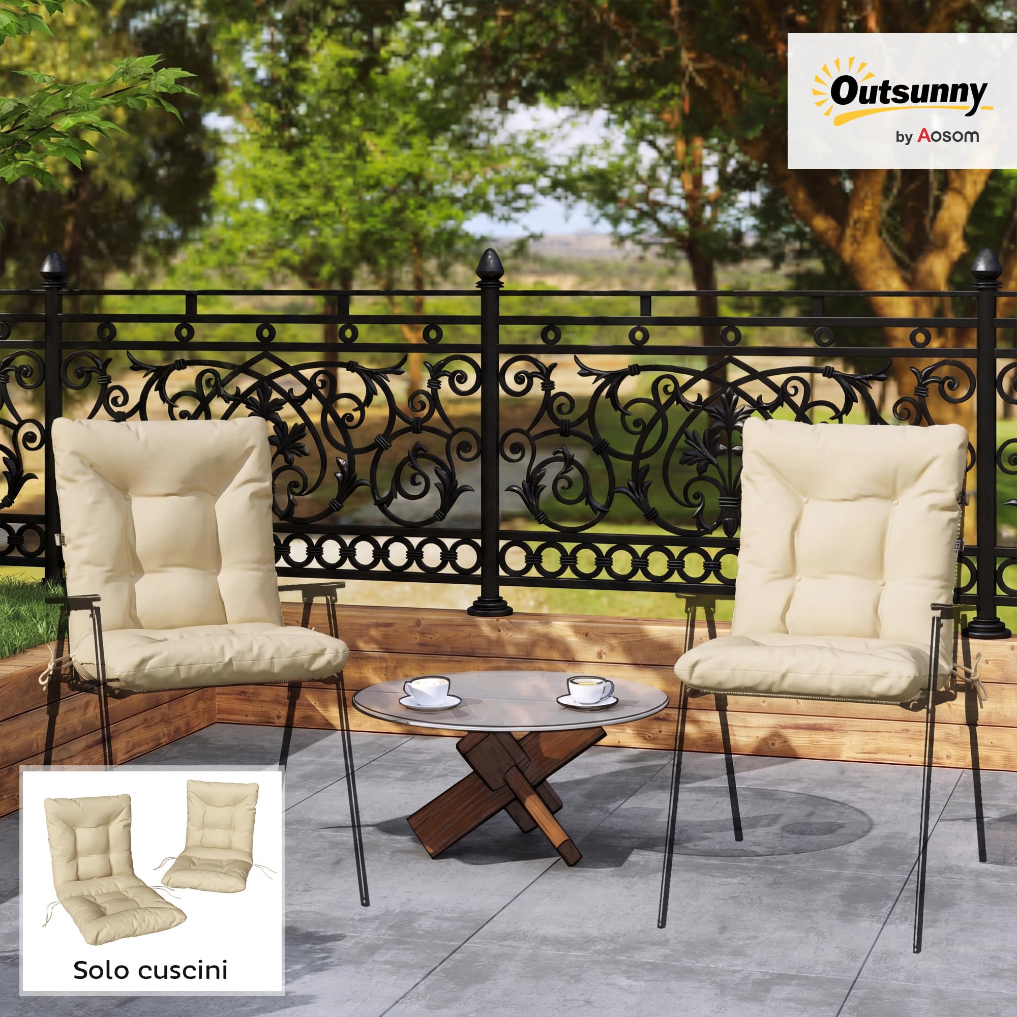 Outsunny Set 2 Cuscini per Sedie da Esterno con Lacci di Fissaggio, Cuscini da Esterno Imbottito in Poliestere e Cotone, per Sdraio Prendisole Poltrona, 50x120x8 cm, Beige