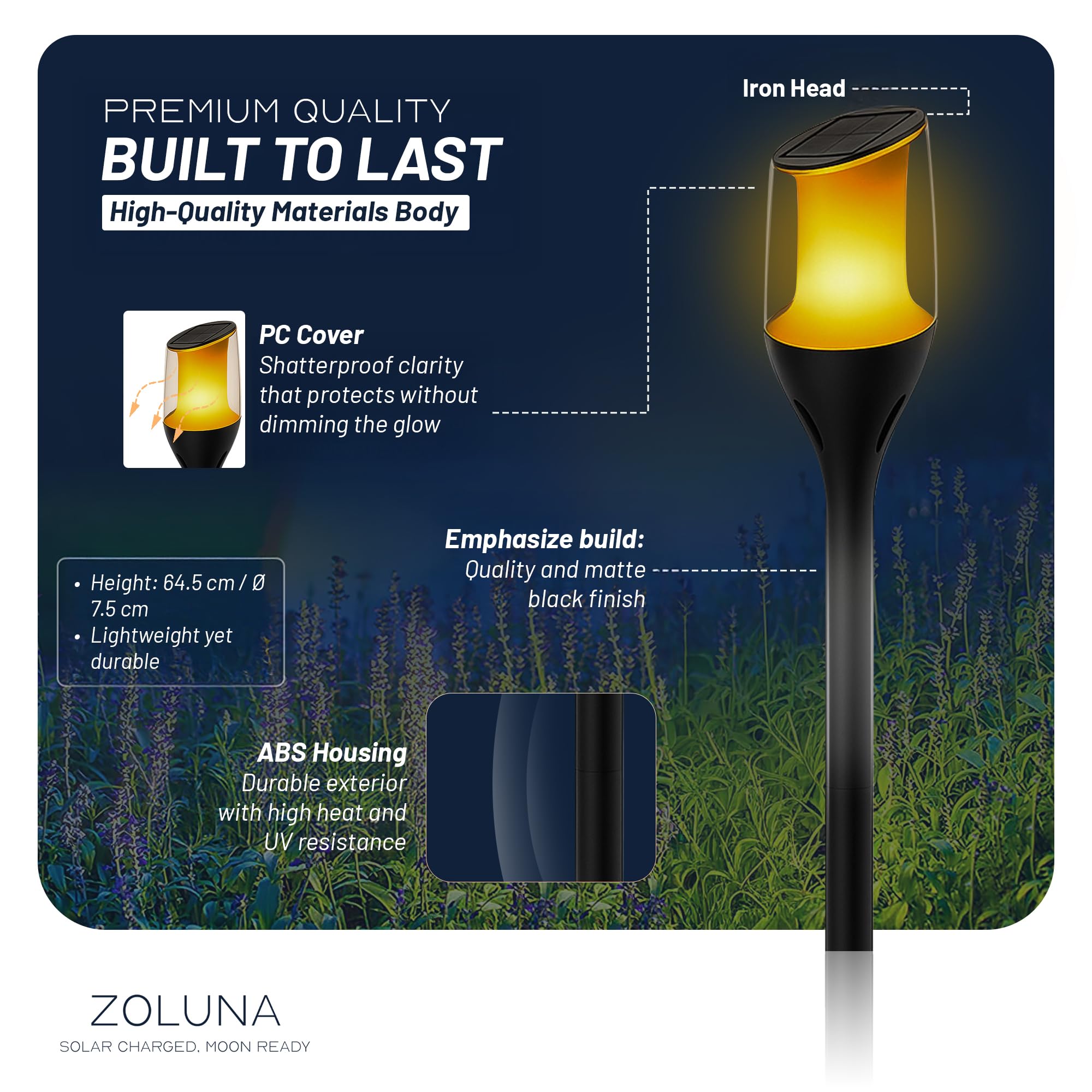ZOLUNA Anky Solarlampen Für Außen Garten, 1600K, IP65 Wasserdicht, Solarleuchten Garten, Solar Gartenleuchten Für Außen, LED Gartenbeleuchtung Solar Winterfest, Ø75*H645mm