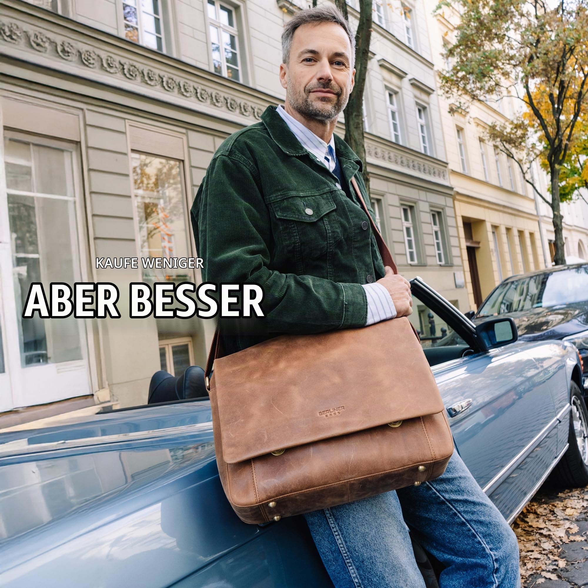 Berliner Bags Umhängetasche P-Berg Vintage, Messenger Bag aus Leder - Braun | Arbeitstasche & Umhängetasche für Herren, 17 Zoll Laptopfach & RFID-Schutz, verstellbarer Schulterriemen aus Echtleder