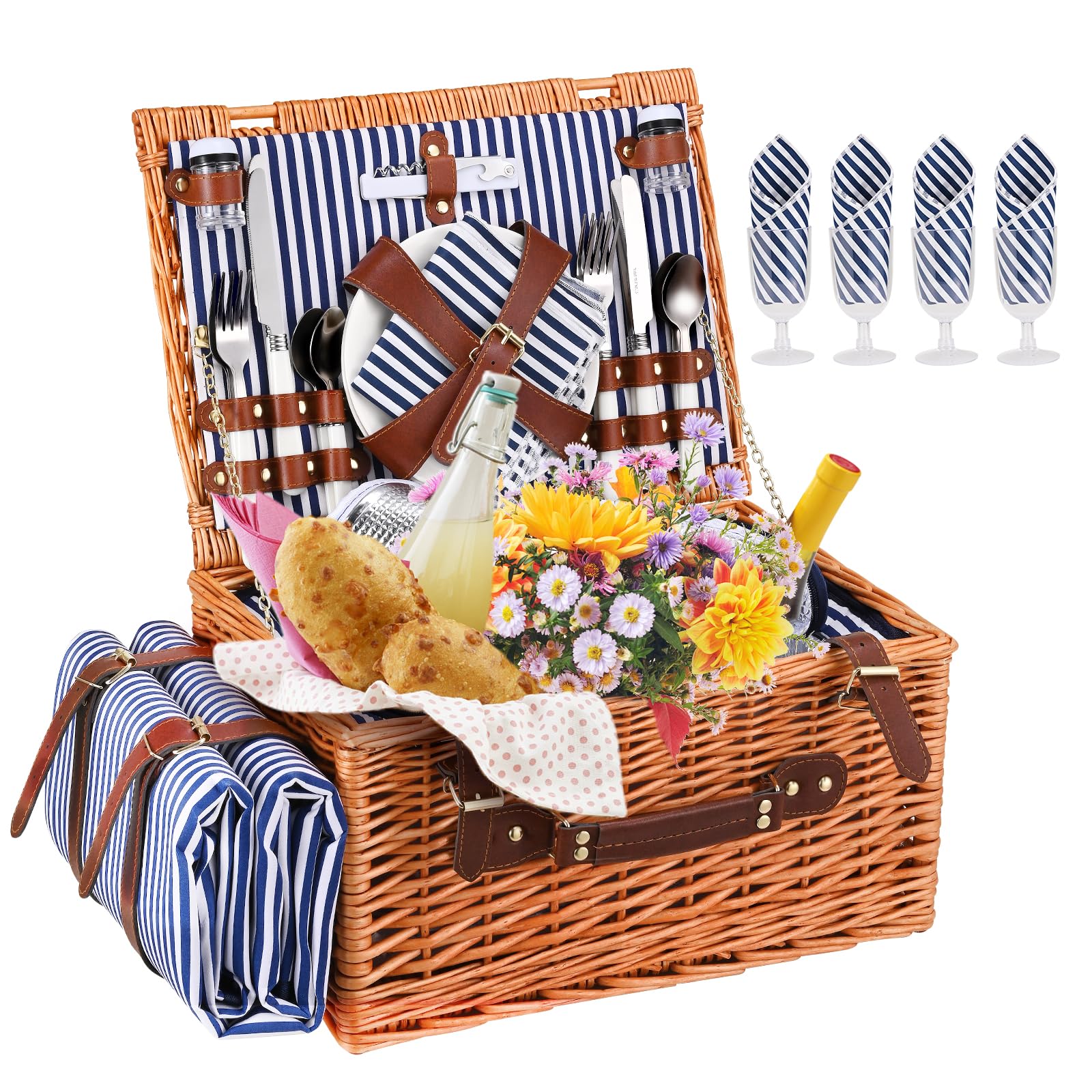 Cestino Picnic, Cesto Picnic Vimini con Scomparto Termico,Cestino Vimini con Coperta Impermeabile e Set di Posate, Set Pic Nic 4 Persone per Campeggio, Cestino Pic Nic(Blu)