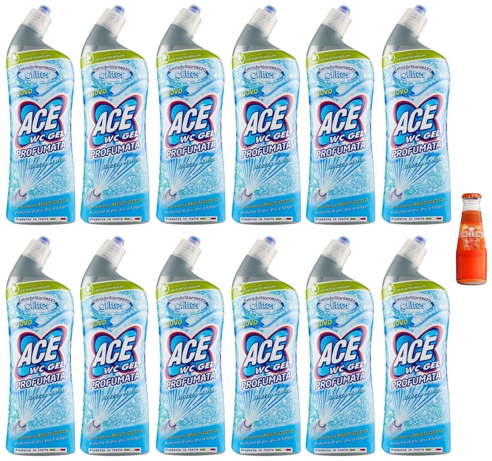 12x ACE Glitter Wc Gel Profumato Brezza Marina,detergente per WC con sistema multigetto,700ml +1x Gingerino Recoaro Aperitivo Italiano 10cl IN OMAGGIO