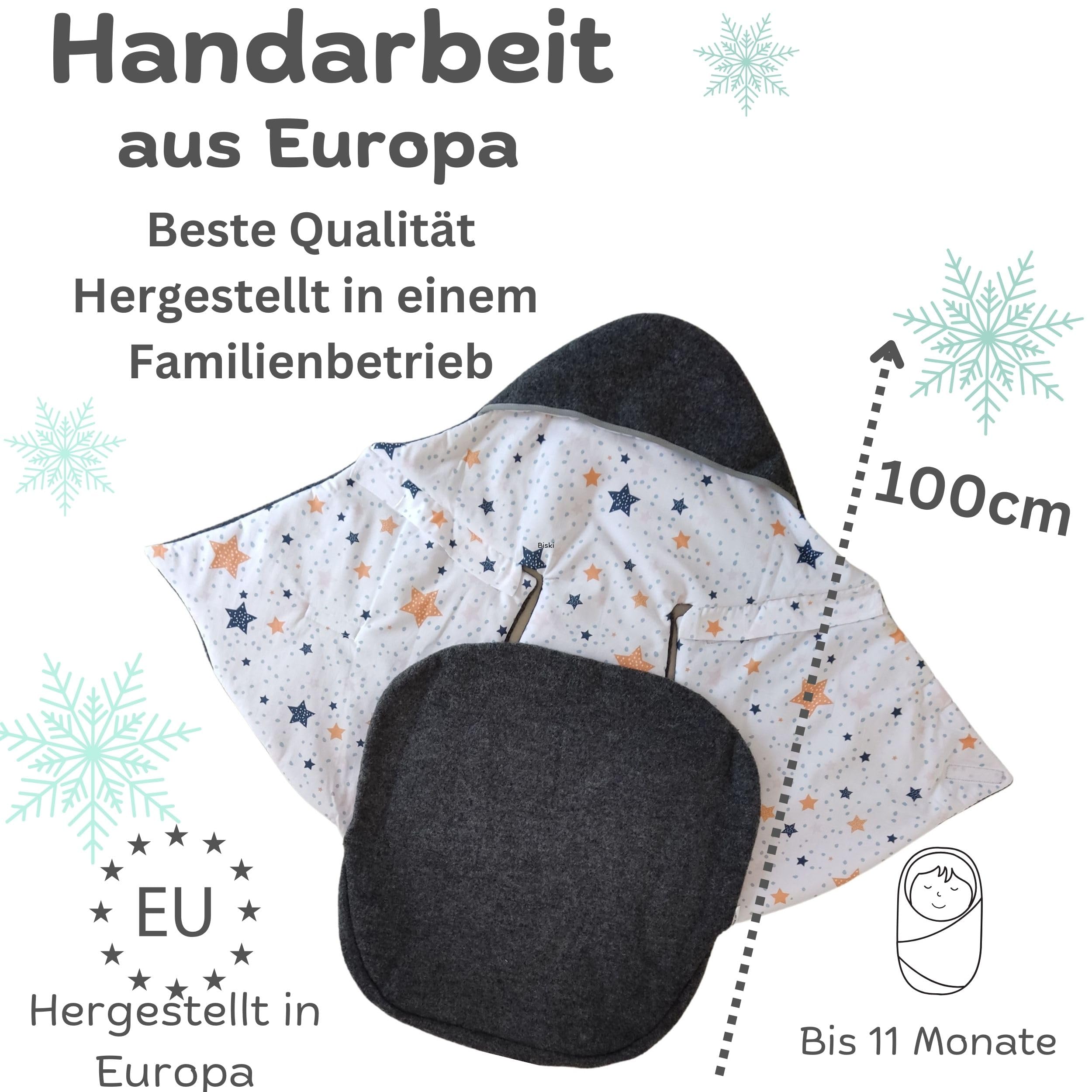 WOLLWALK Einschlagdecke Babyschale - Baby Fußsack - Maxi-Cosi Decke - Einschlagdecken für Kinderwagen - Neugeborene bis 11 Monaten aus 100% Wolle (Sterne)