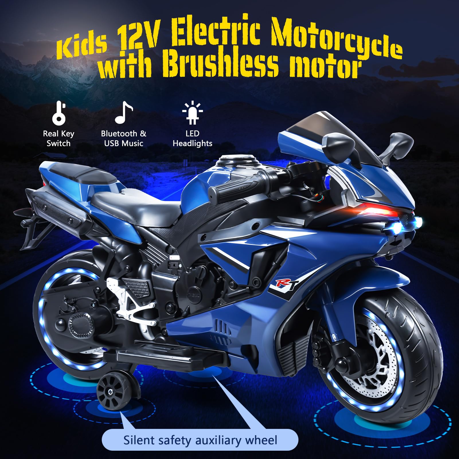 12V Electric Motorcycle for Kids,Kids Motorcycle with Training Wheels, Bikes for with LED Lights, Up to 9 MPH,Electric Bike for 3-8 Year Olds (Blue)
