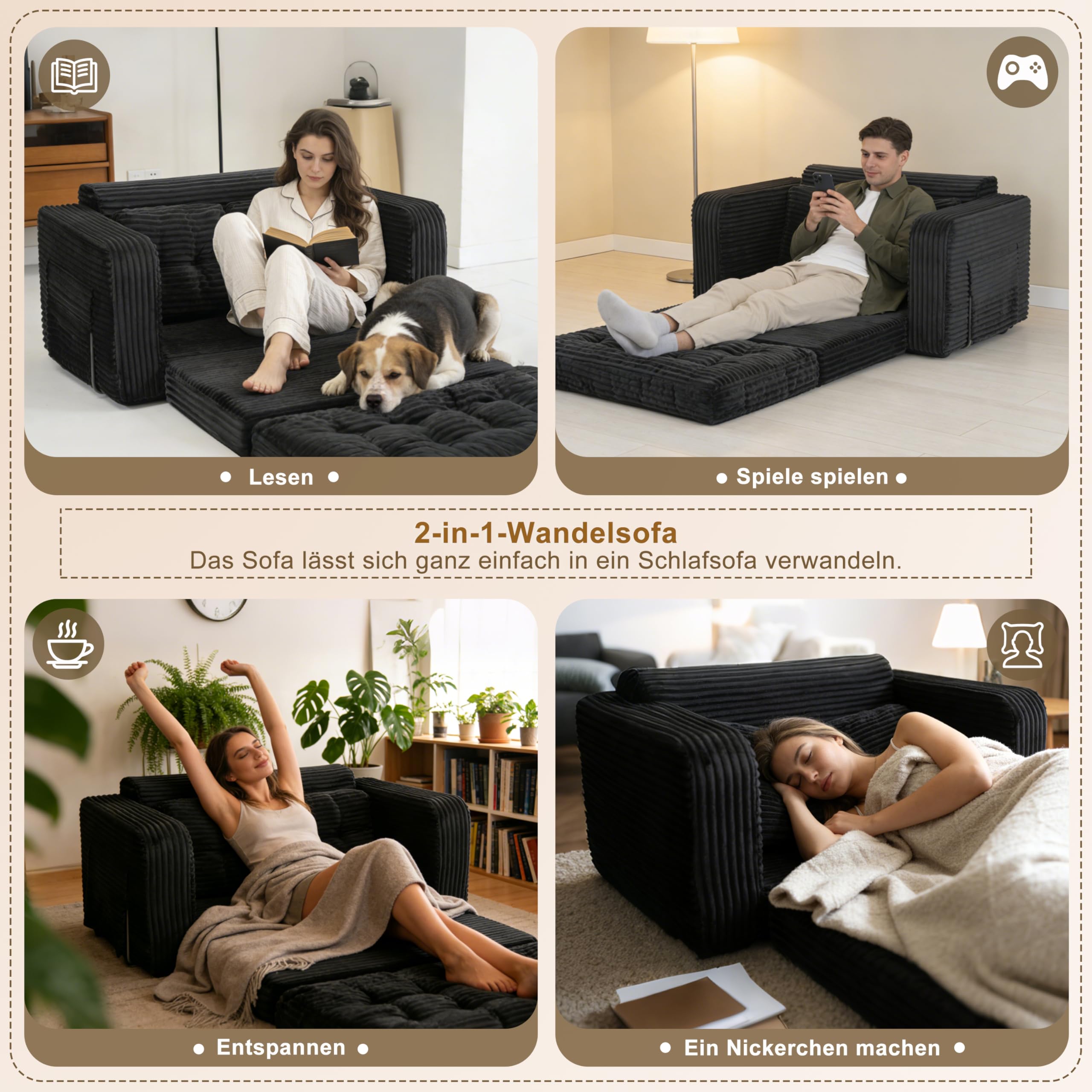 Faltbares Schlafsofa, Tragbarer Stuhl-Bett-Komfortable Bodensofa, Umwandelbarer Schlafsessel mit Kissen, Cord-Stoffbezug Sessel Schlafcouch, für Wohnzimmer und Schlafzimmer (2 Sitzer Sofa, Schwarz )