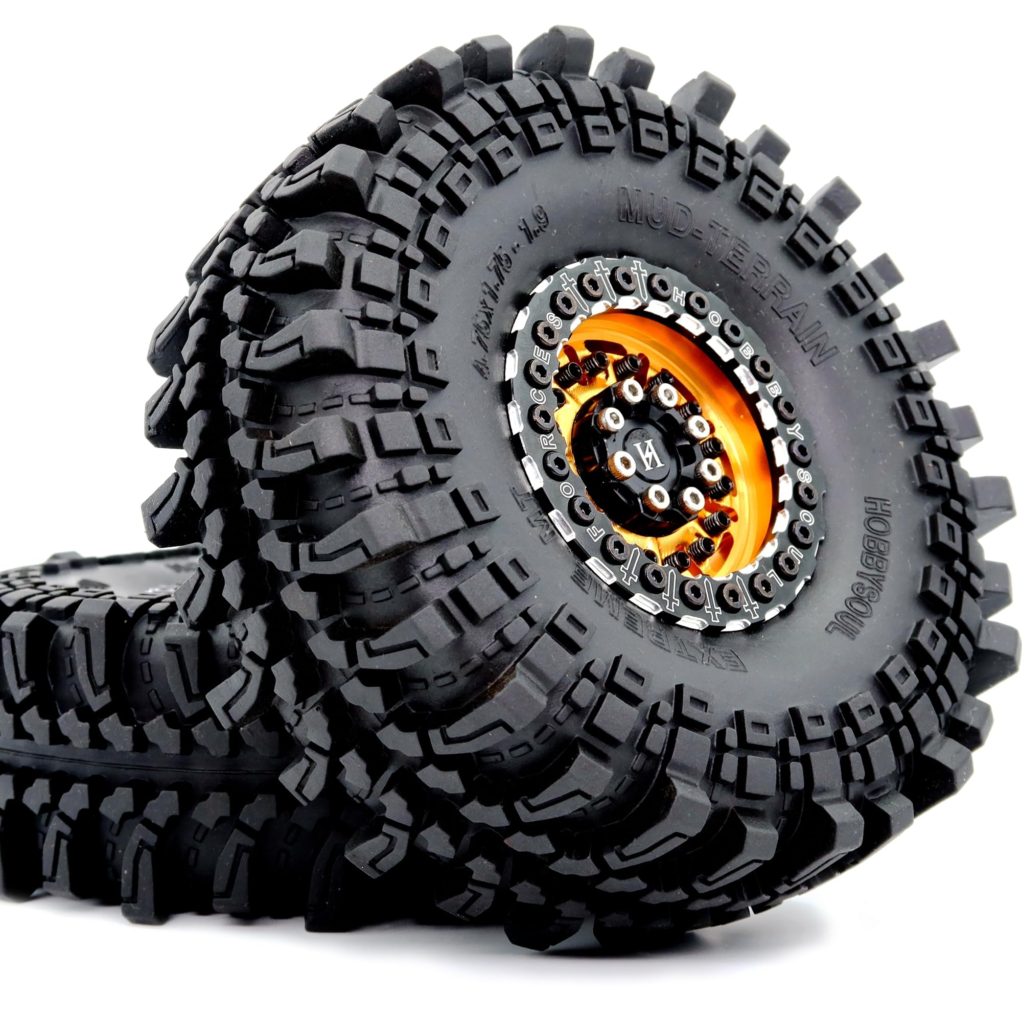 HOBBYSOUL Pneus RC 1.9 de 121 mm de haut et jantes Beadlock 1,9 dorées et noires, décalage négatif 5 mm, roues et pneus Beadlock 1/10 pour Mud Crawler SCX10 TRX4 Gen8, (lot de 4, assemblé)
