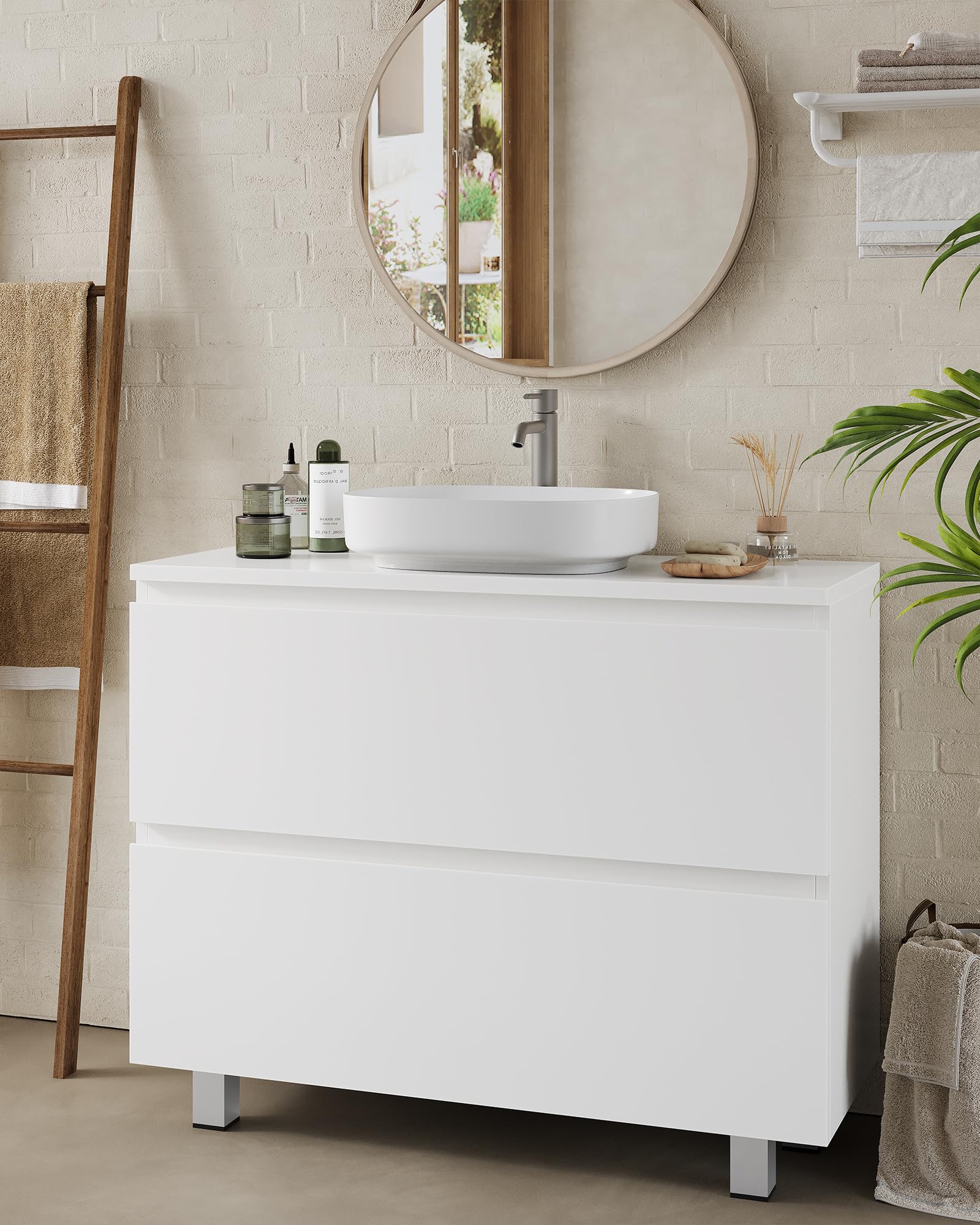 KIMENICH Waschbeckenunterschrank, Badezimmerschrank mit 2 Große Schubladen, Unterschrank Waschbecken mit Füßen, Viel Stauraum, 80 x 30 x 56 cm, Weiß
