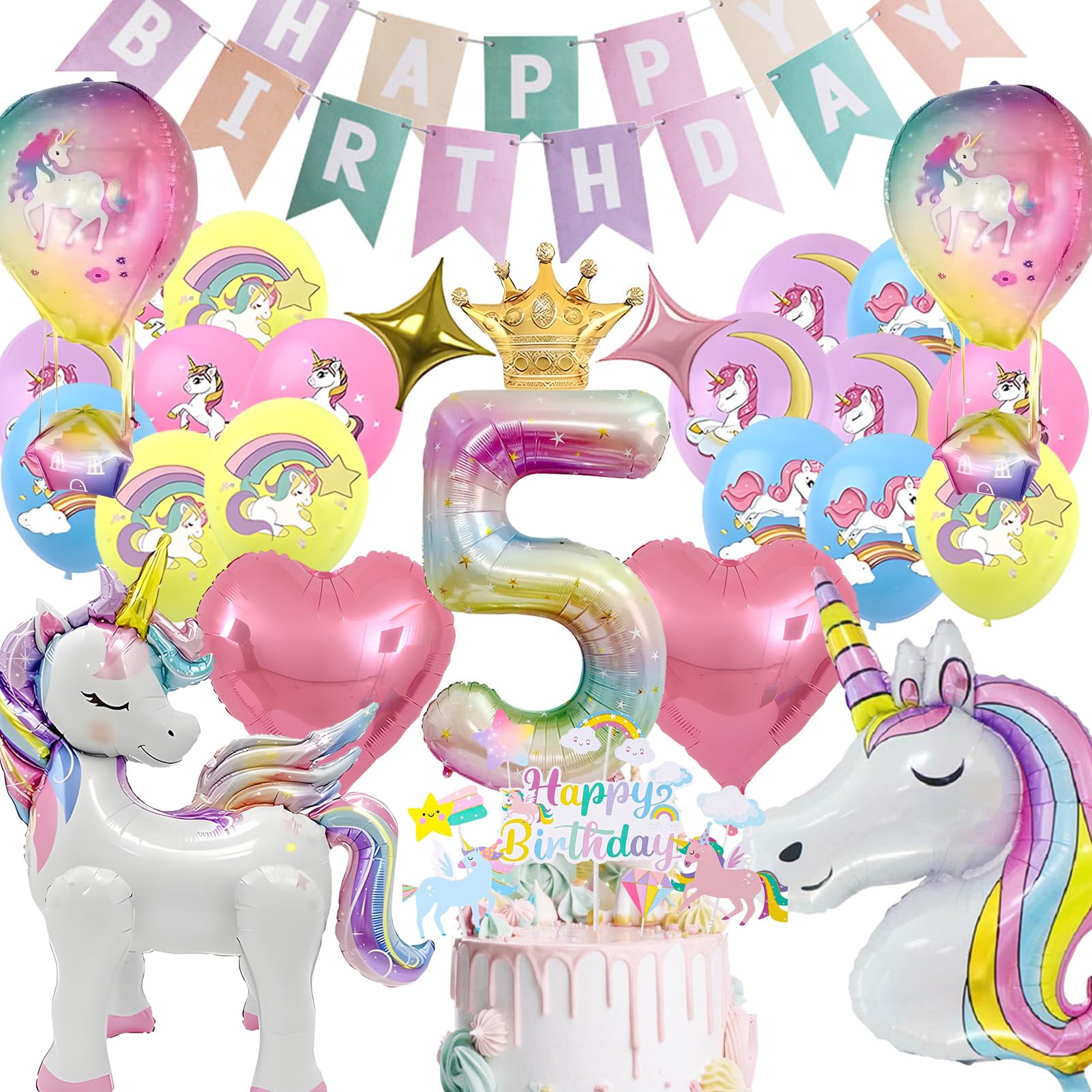 Einhorn Luftballons Geburtstagsdeko Set für 5. Geburtstag Mädchen, Einhorn Folienballons Deko, Tortenauflegern & "Happy Birthday" Girlande Party Dekoration Für Zuhause, Kindergeburtstag