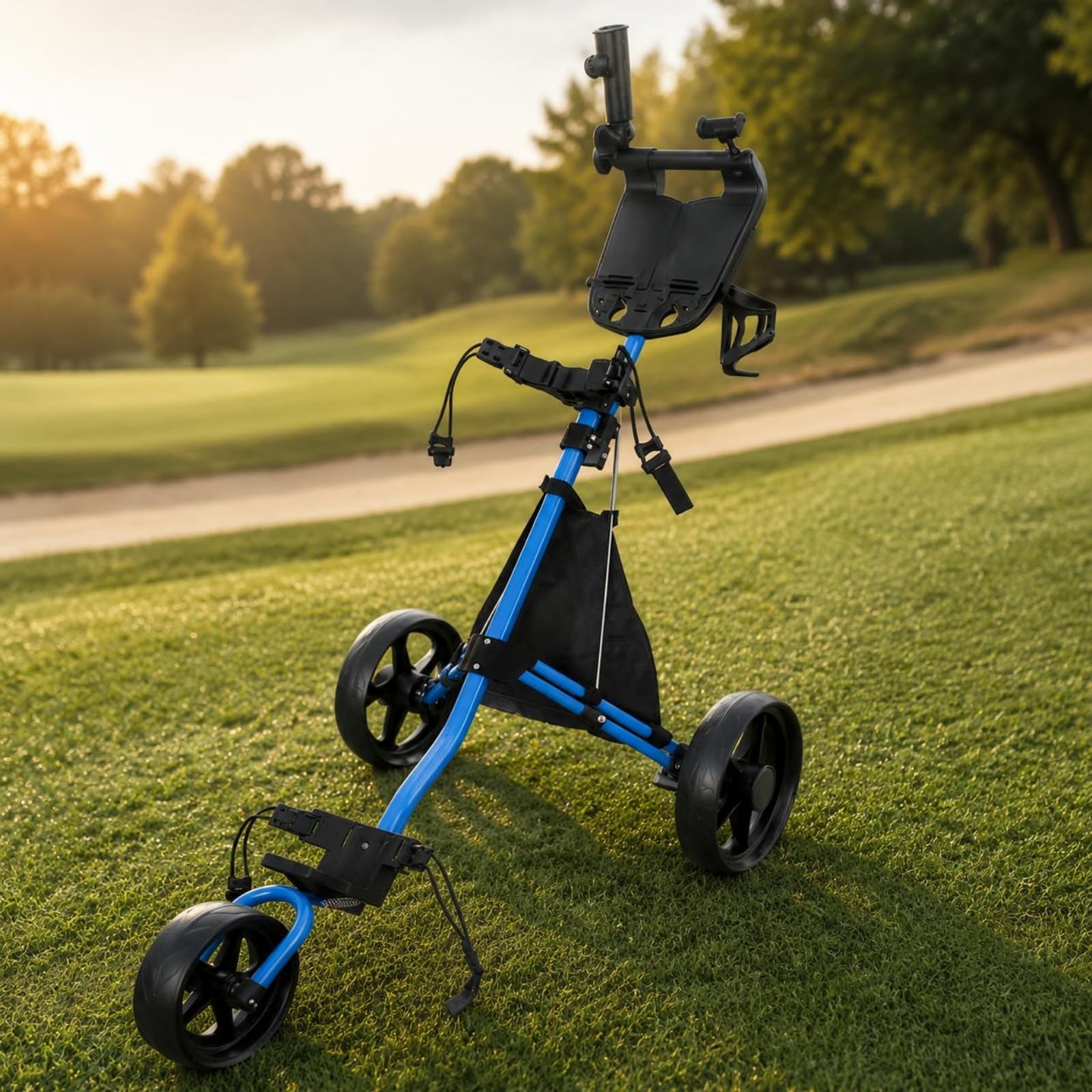 Carro de Golf Plegable Carrito Trolley Empujable con Estructura de Aleación de Aluminio Ruedas Estables Porta y Soporte para Marcador Adecuado para, Azul
