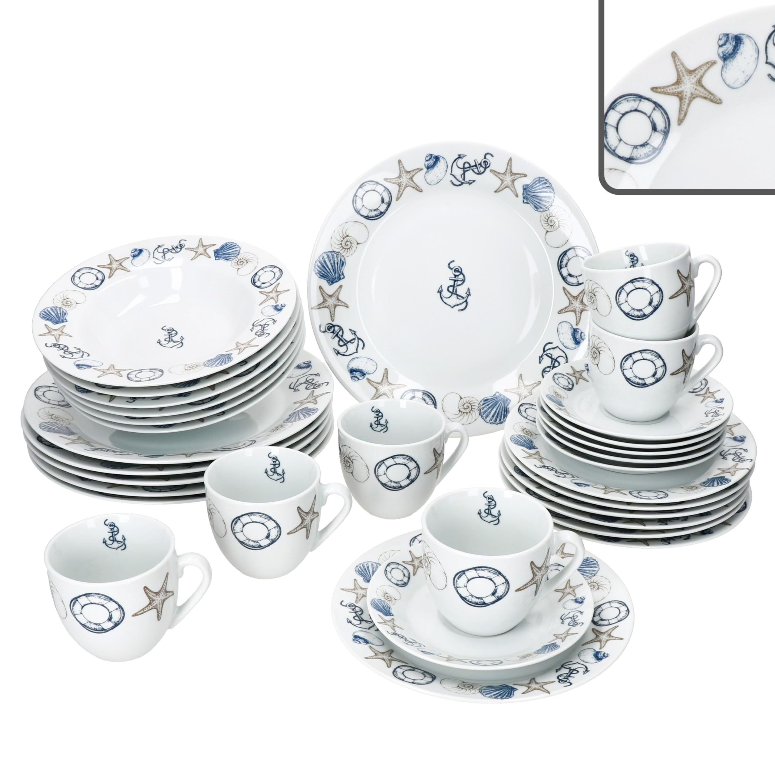 MamboCat Neptun 30tlg Kombiservice I Porzellan Geschirrset mit maritimen Motiven Anker, Muschel & Co für 6 Personen I je 6X Tassen, Untertassen, Kuchen-, Suppen- & Speiseteller