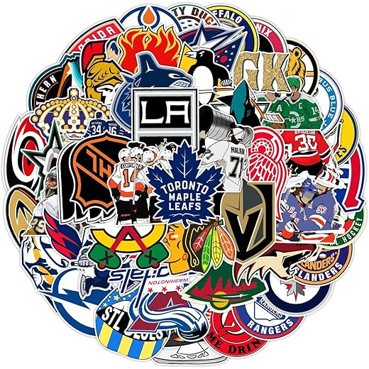 50pcs ice hockey stickers, hockey teams logo stickers packs for teens adults, waterproof vinyl funny sports decals for water bottles laptop scrapbooking luggage