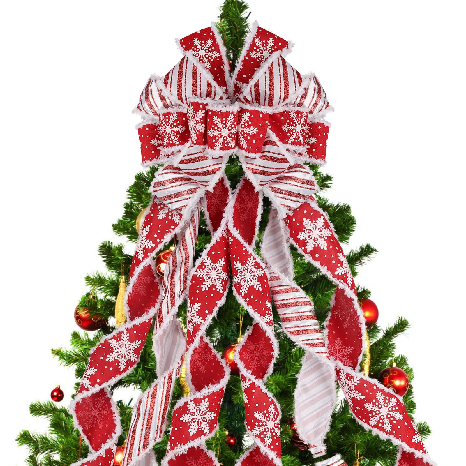 N&T NIETING Valentines Snowflake Tree Topper Wreath Bow, Large Christmas Bow Tree Toppers, Red White Stripe Bow for Xmas Ornament Holiday Home Wedding Thanksgiving Indoor/Outdoor Decoration 52