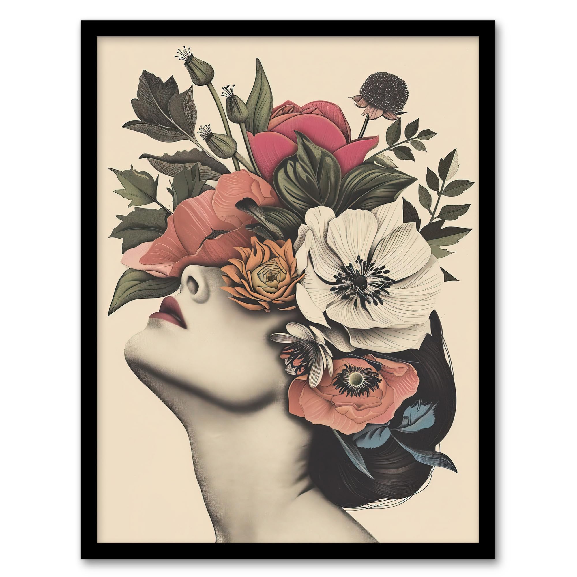 Artery8 Woman Flower Headdress Vintage Style Flowerpunk Living Room Artwork Framed Wall Art Print A4