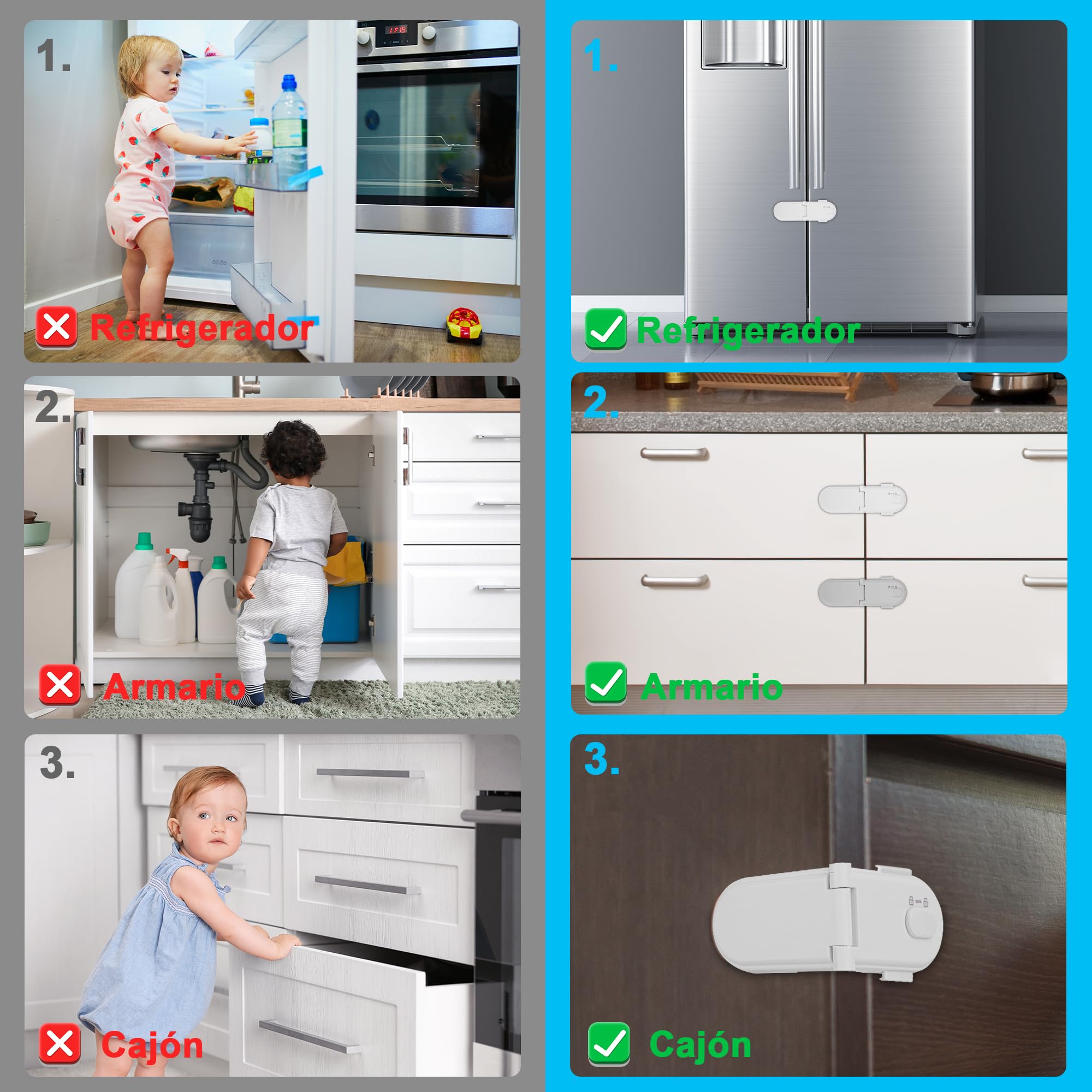 REDTRON Cerraduras de seguridad para niños con doble interruptor de seguridad (4 paquetes, blanco), Cerraduras seguras para bebés no tóxicas para armarios, Fácil instalación con adhesivo 3M