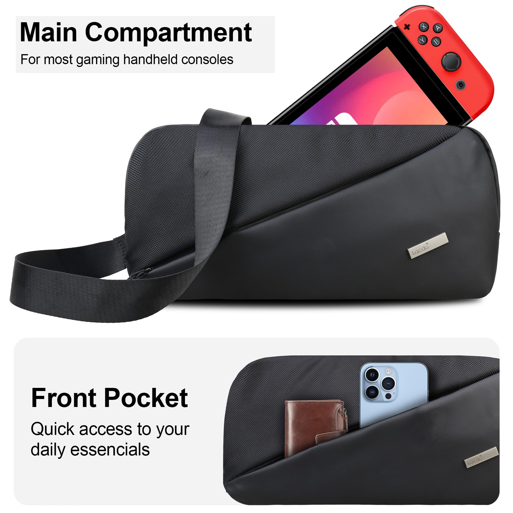 Lacdo Etui Transportowe dla Nintendo Switch 2 / Steam Deck OLED/ROG Xbox Ally X Przenośna torba do przechowywania, Ochronna Torba na Ramię Typu Crossbody, kompatybilny z Console & Accessories, Czarny