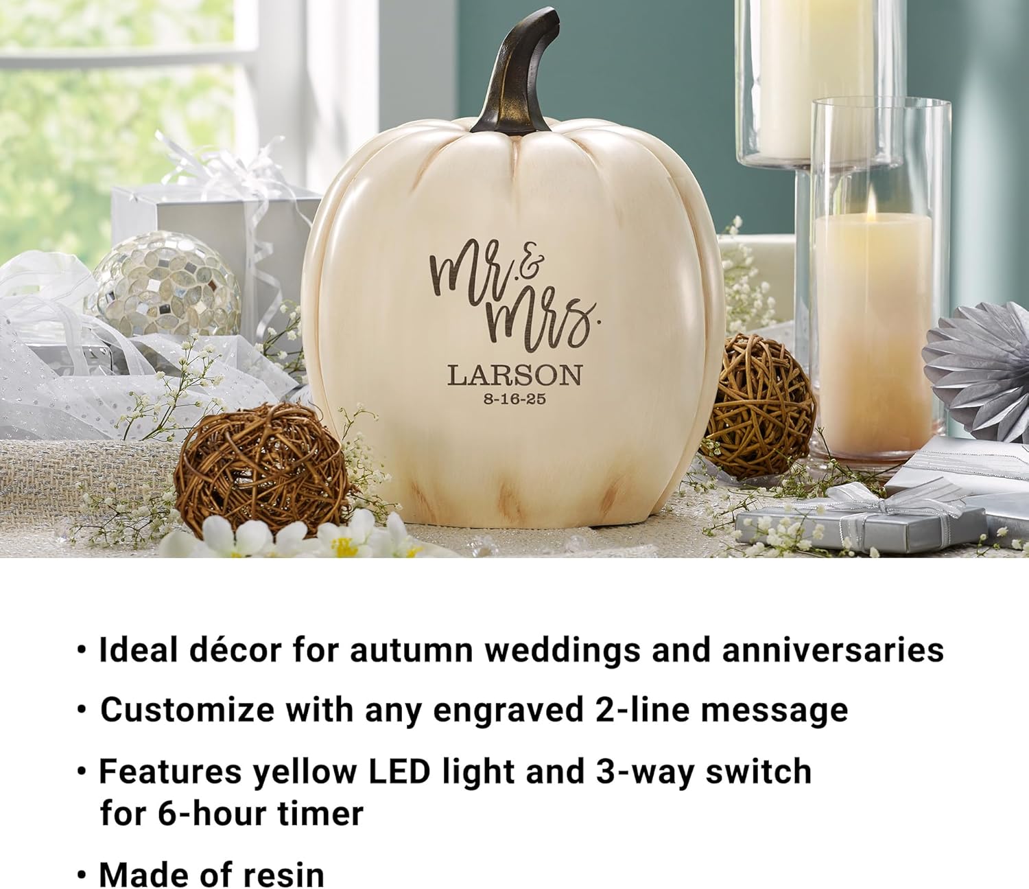 Let's Make Memories Personalized Light-Up Wedding Pumpkin - for Newlyweds, for Couples, for Anniversary - Fall Wedding Decor Centerpiece - Laser-Engraved Resin - Festive Romance - Cream - X-Large