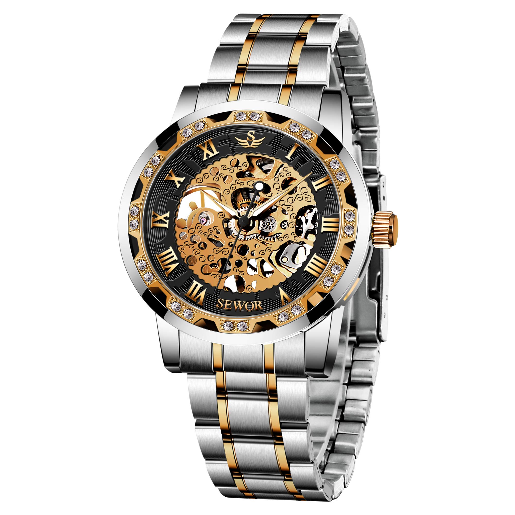 A ALPSWatches, Men's Watches Mechanical Hand-Winding Skeleton Classic Business Fashion Stainless Steel Steampunk Dress Watch
