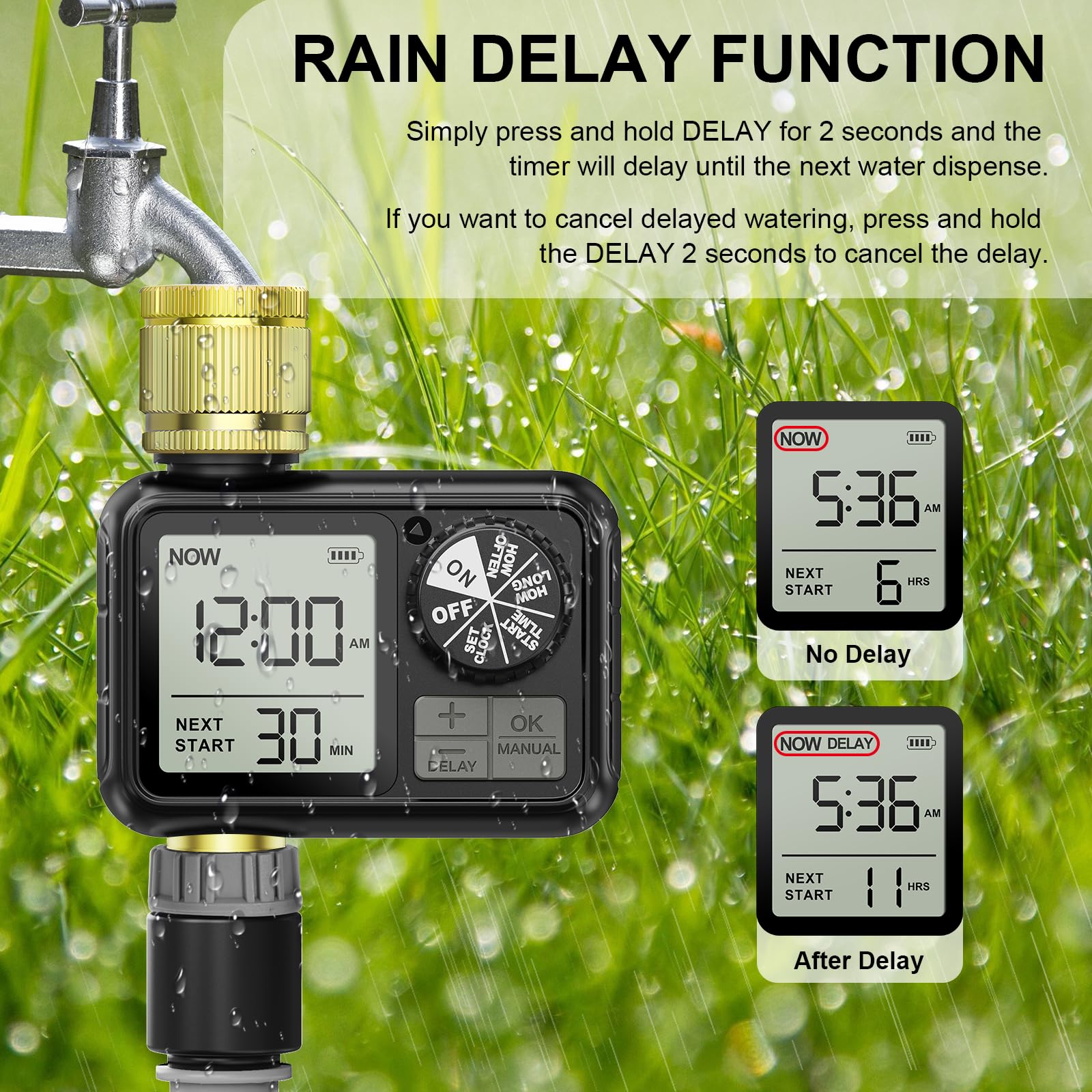 Bewässerungscomputer, Bewässerungsuhr mit Regenverzögerung/Automatischem & Manueller Modus, IPX5 Wasserdicht/Großbild LCD-Display Wasser Zeitschaltuhr für Garten Rasen 2T