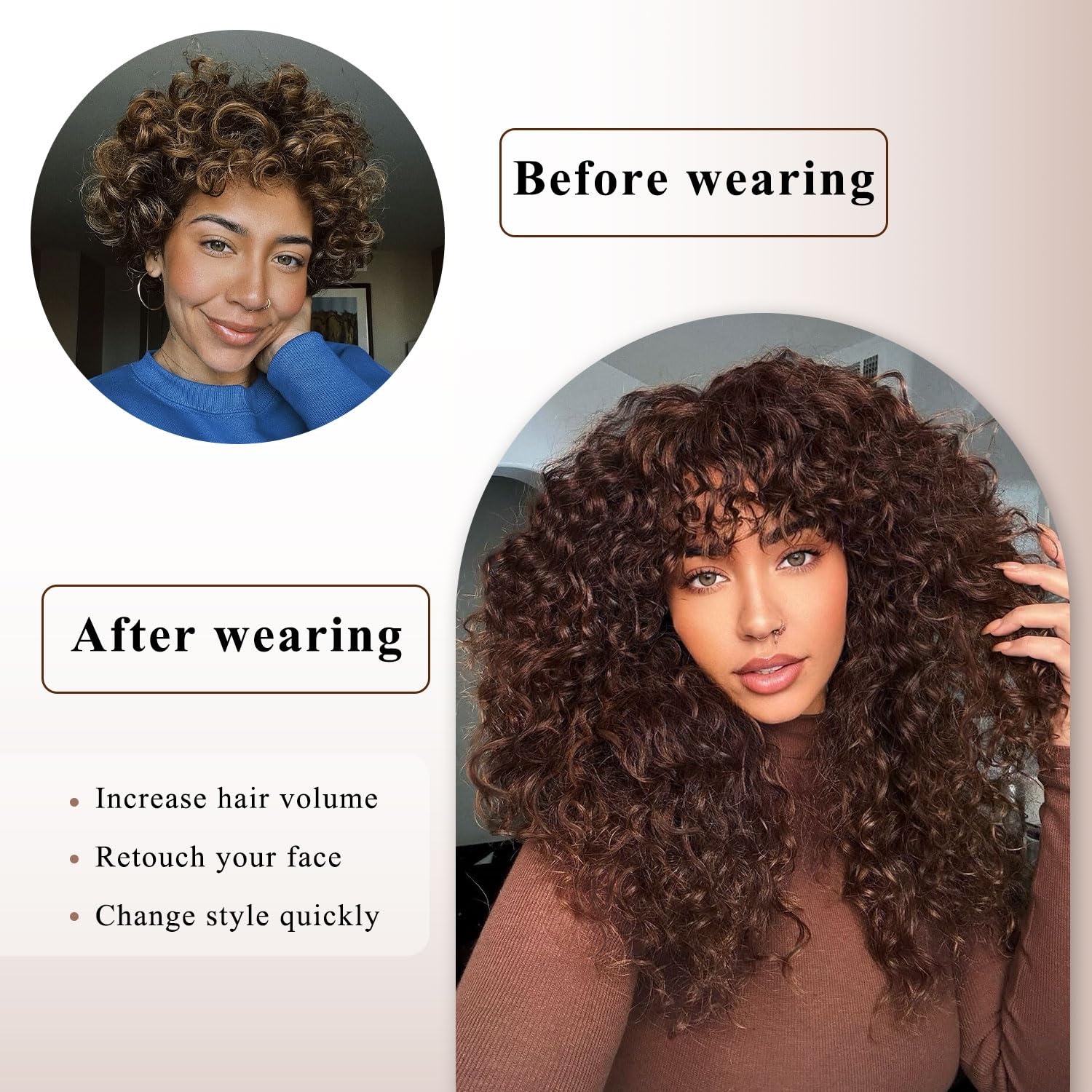 Lizzy Curly Wig With Bangs for Black Women Long Curly Human Hair Blend Premium Fiber Glueless Wig for Daily18Inch (Dark Brown) - Image 2