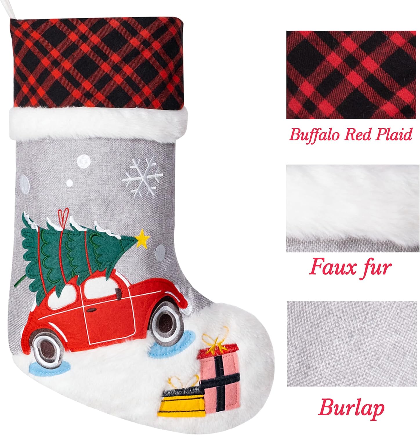 LUBOT 8 Pack Christmas Stockings (20inch) Embroidered Linen Applique Burlap Buffalo Red Plaid with Soft Faux Fur Fireplace Hanging for Family Decorations Xmas Gift