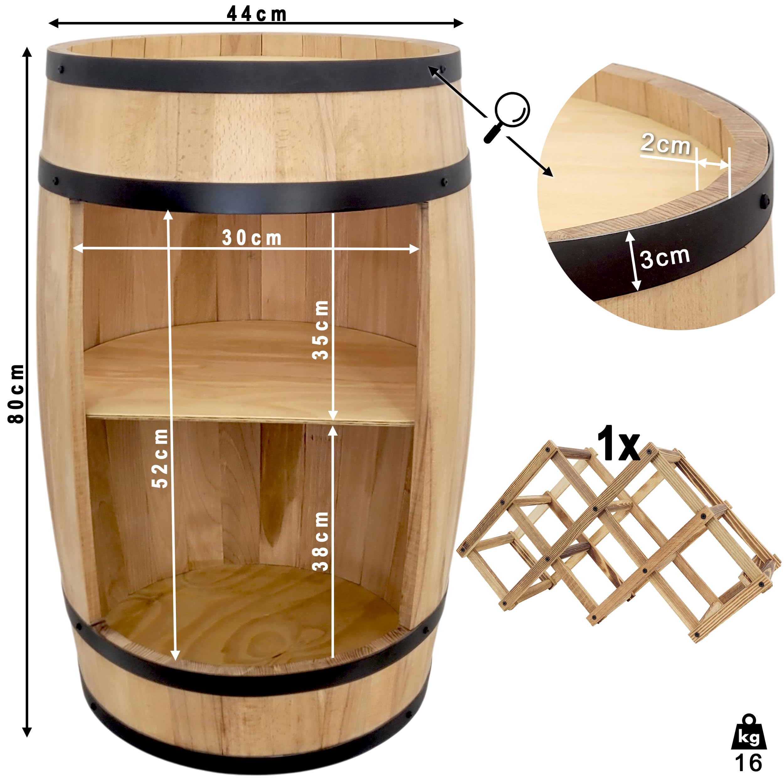 weeco Barilotto in legno da 80x50cm per soggiorno, Minibar, Bar da parete, Barile in legno, Botte da collezione per bottiglie, Scaffale per bottiglie per vino, Cantinetta per Cucina, Portabottiglie