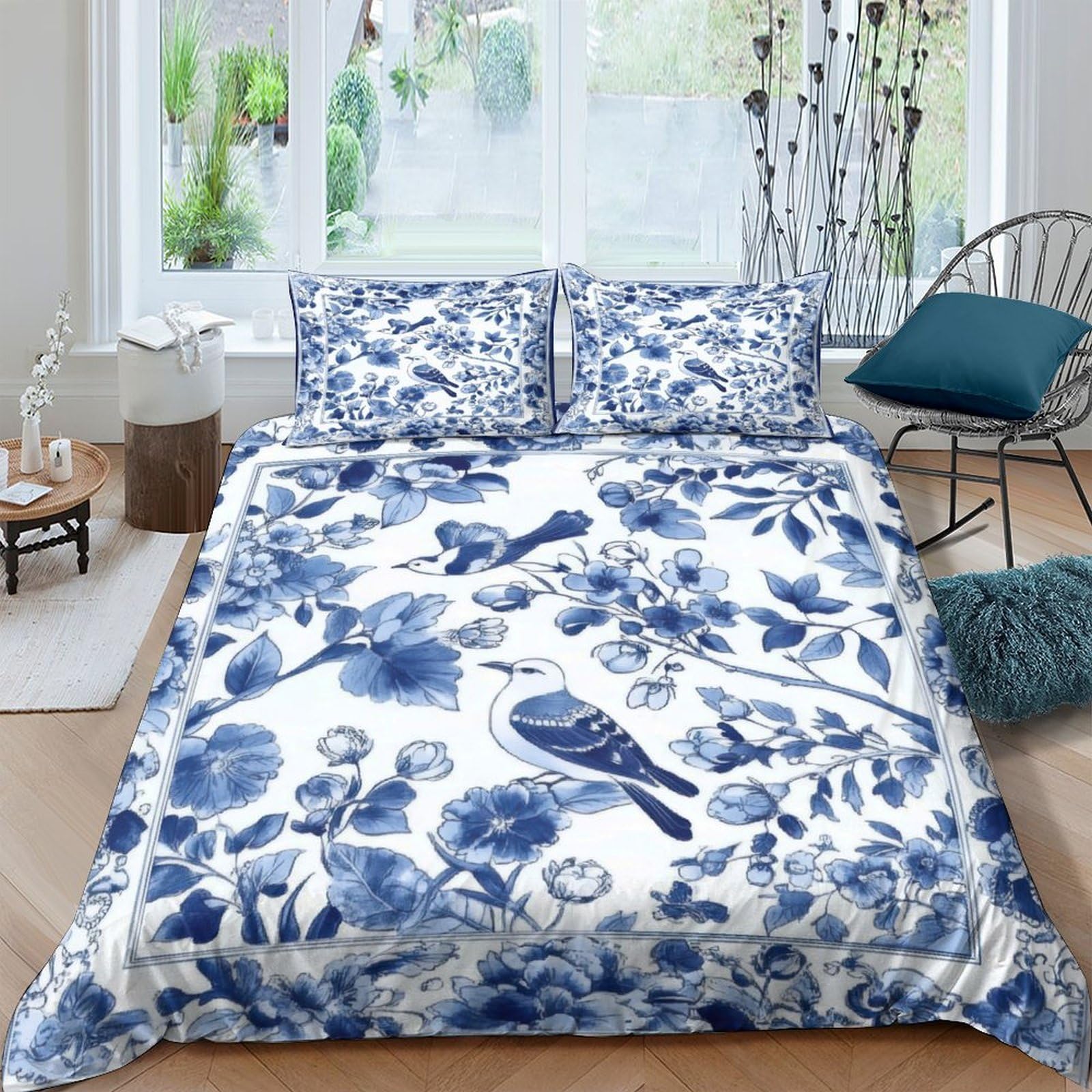 GPLZQXKJNH 3D Printed Blue Floral Bird Duvet Cover Microfiber Soft Breathable Bedding Set with 2 Pillowcases for Bedroom Decor Single（135x200cm）