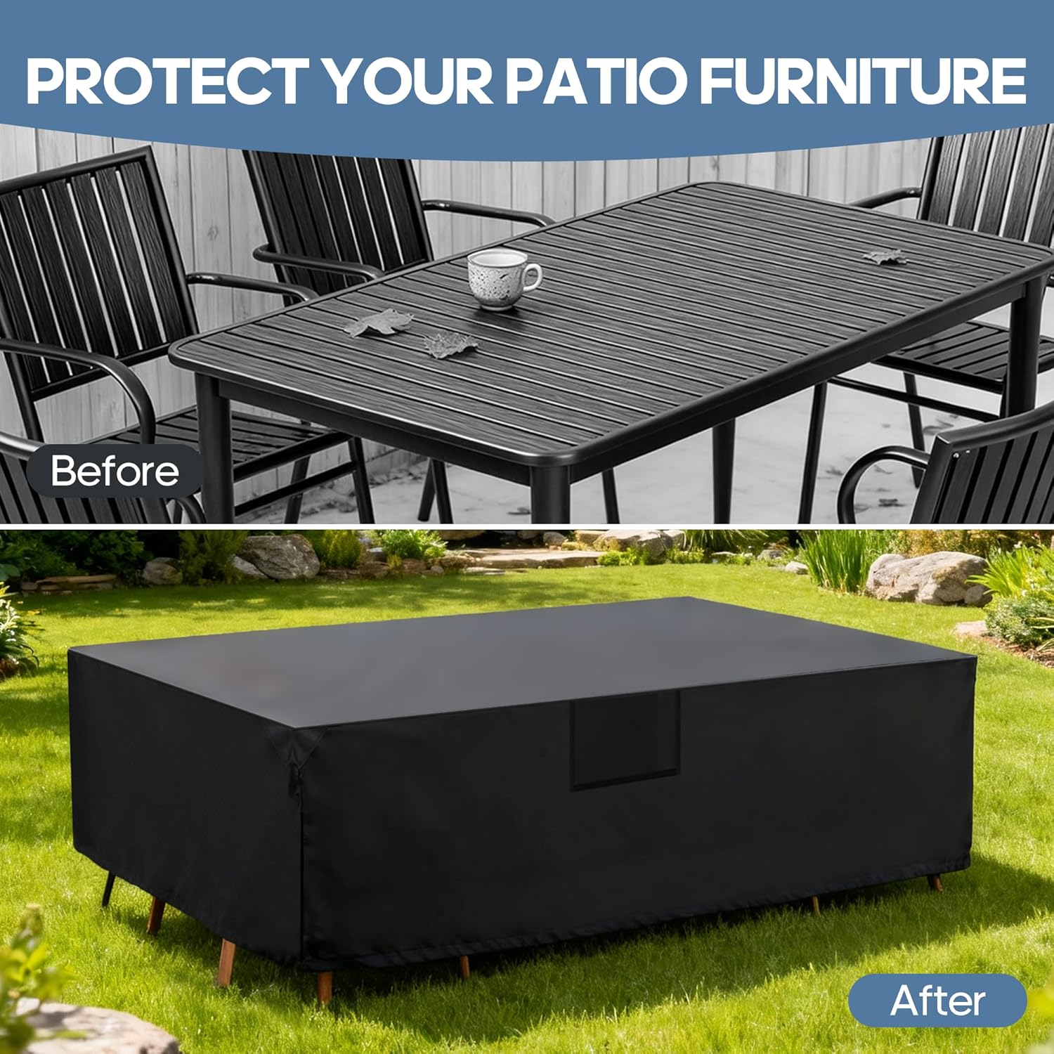 DUMOS Patio Furniture Cover, Rectangular Heavy Duty 600D Waterproof & UV Resistant Outdoor Covers for Dining Table, Chairs and Furniture Sets, 126"L x 63"W x 29"H, Black - Image 7