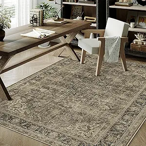 4x5 Washable Brown Vintage Area Rug for Entryway Non-Slip Low Pile Traditional Carpet Retro Distressed Soft Thin Accent Throw Rug for Office Kitchen Bathroom Door Mat Indoor Dining Room