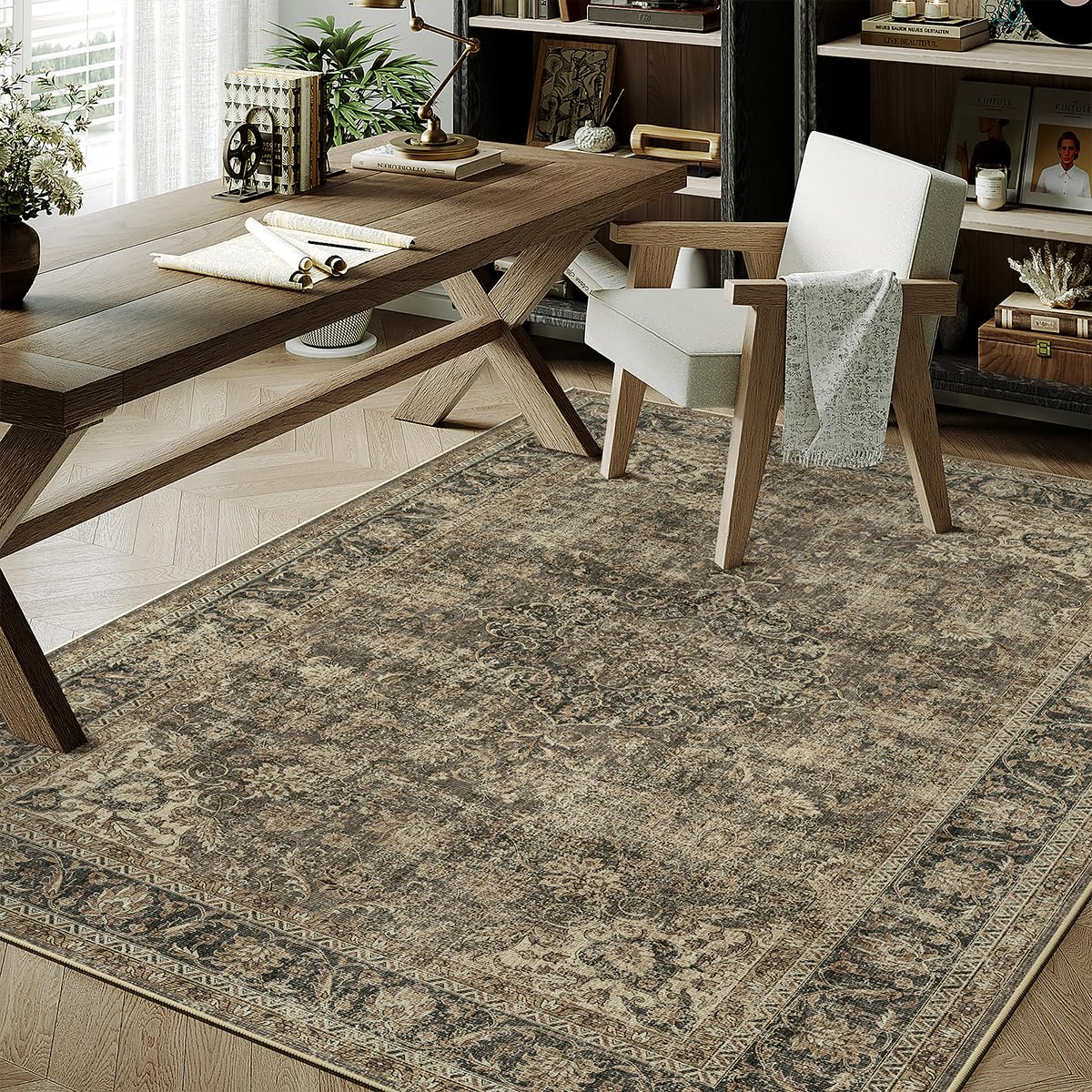 wondrg 4x6 washable brown area rug vintage entryway office carpet non-slip soft low pile distressed indoor throw rug for living room bathroom dining room