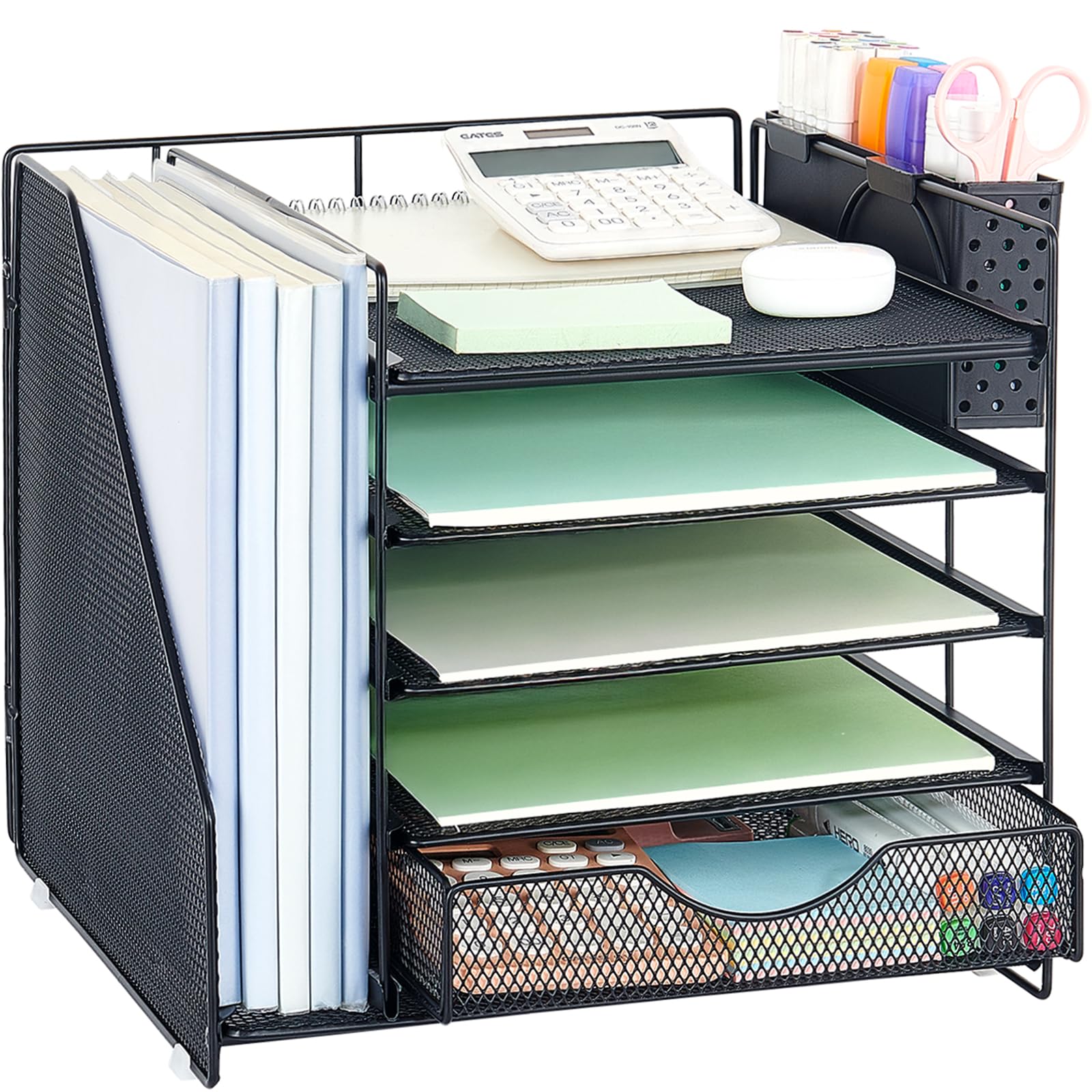 Organizador de escritorio con cajón y soporte para bolígrafos, organizador de bandeja de papel de 5 niveles con soporte para archi